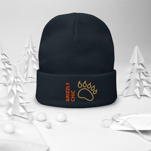 Bear Beanie – Embroidered Knit Hat with Custom Text featuring a grizzly paw design.