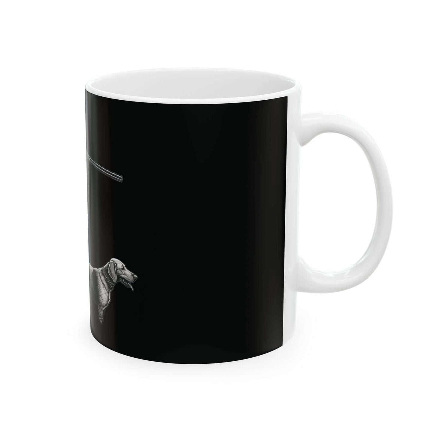Personalized black ceramic mug featuring a hunting design and a dog, ideal for outdoor enthusiasts.