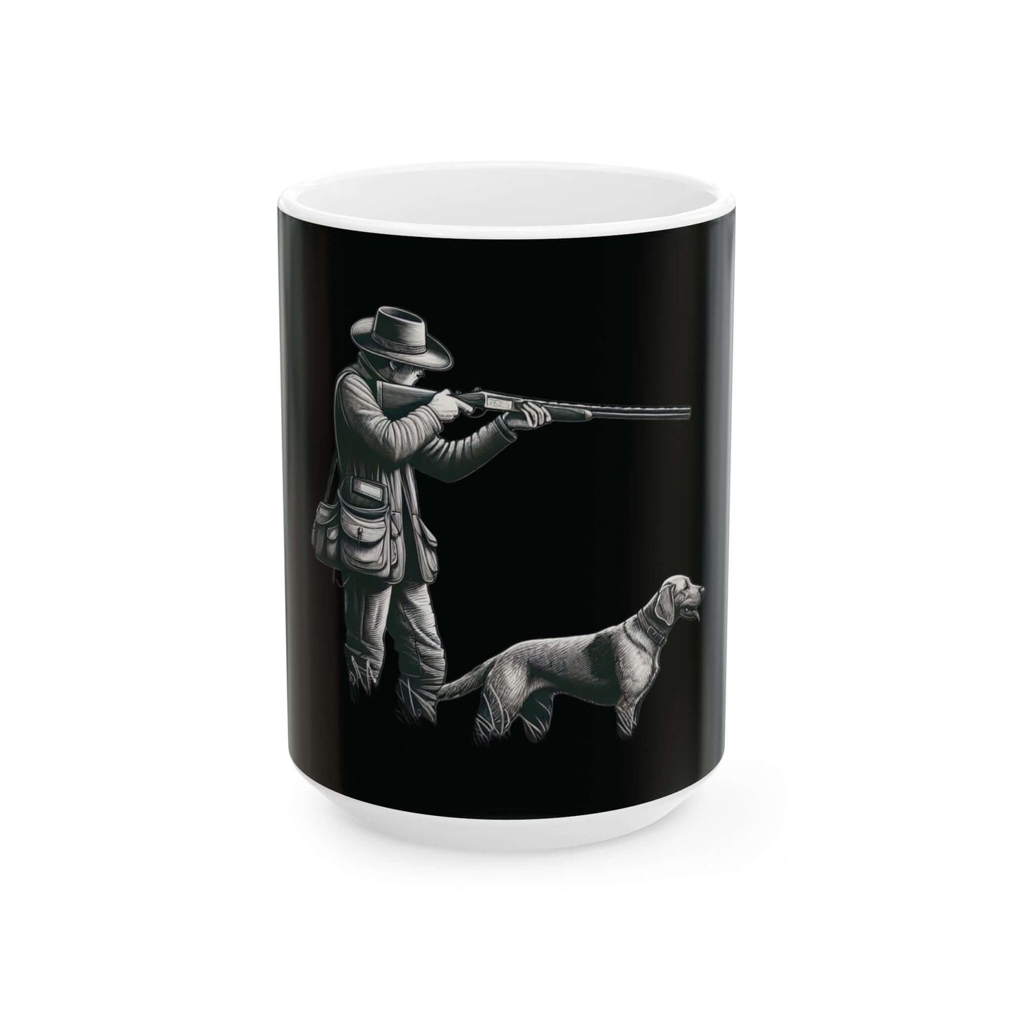 Personalized black hunting mug featuring a hunter with a dog, ideal for outdoor enthusiasts.