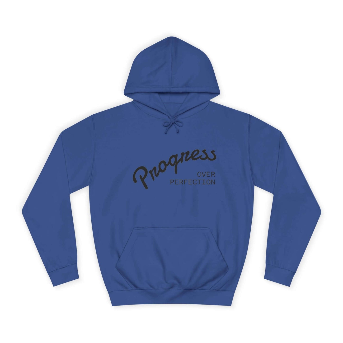 Custom College Hoodie – Add Your Photos, Text & Emojis Your Way in blue with 'Progress Over Perfection' text.
