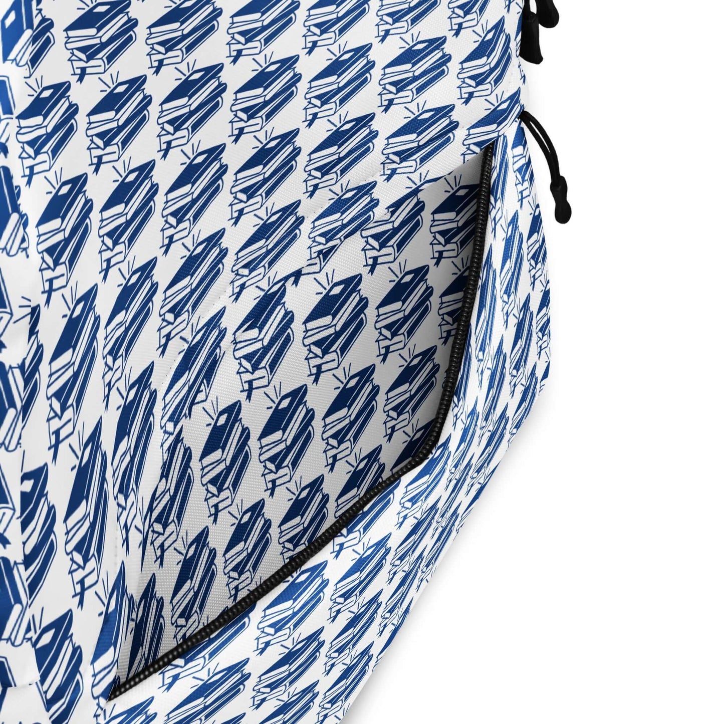 The Bookish Backpack featuring a bold blue geometric book pattern, designed for style and functionality.