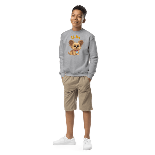 Cartoon Pet Sweatshirt for Kids – Custom Gift for All Seasons worn by a boy with a cute dog graphic.