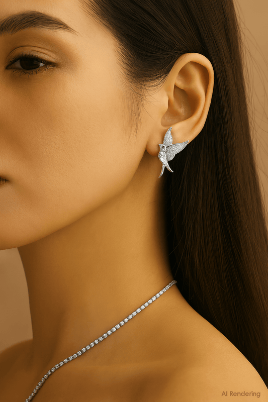 Celestial Hummingbird Earrings with Crystal Wings and Gold Shine worn by model showcasing elegance and shimmering details.