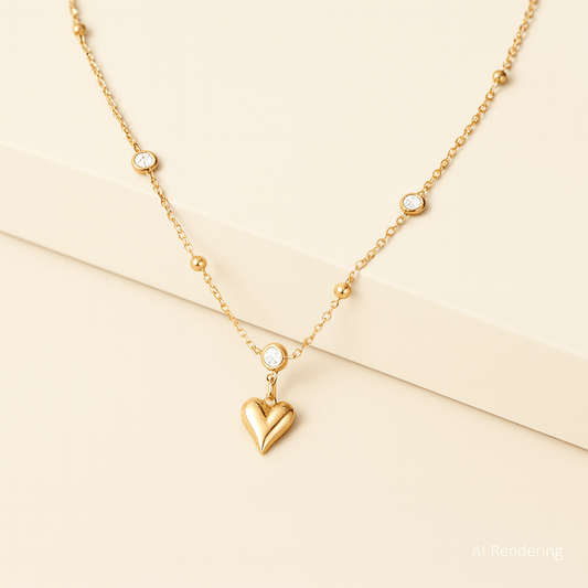 Crystal Heart Charm Necklace with Dainty 15mm Pendant and 45cm Chain on a neutral background.
