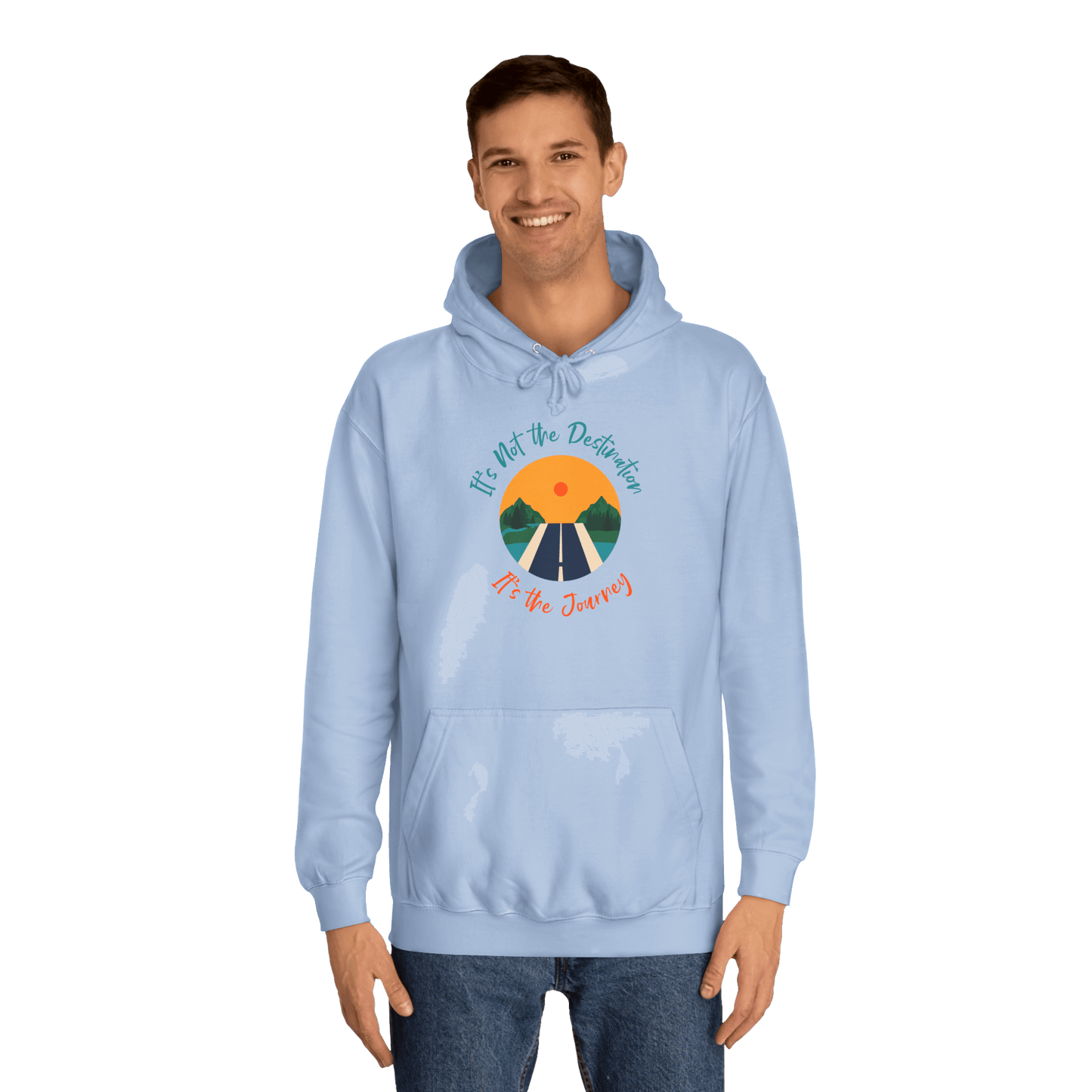Custom College Hoodie – Add Your Photos, Text & Emojis Your Way with a man wearing a blue hoodie featuring a motivational design.
