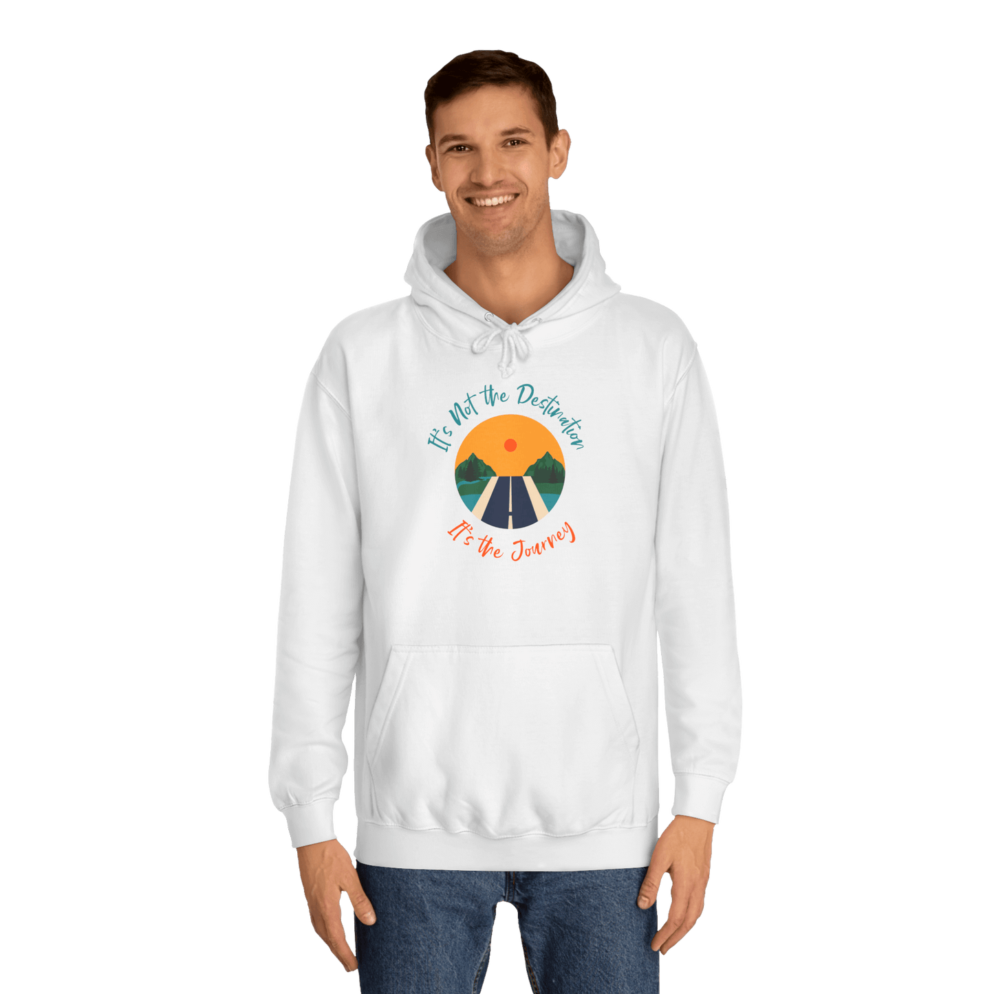 Custom College Hoodie – Add Your Photos, Text & Emojis Your Way worn by a man with a motivational design.