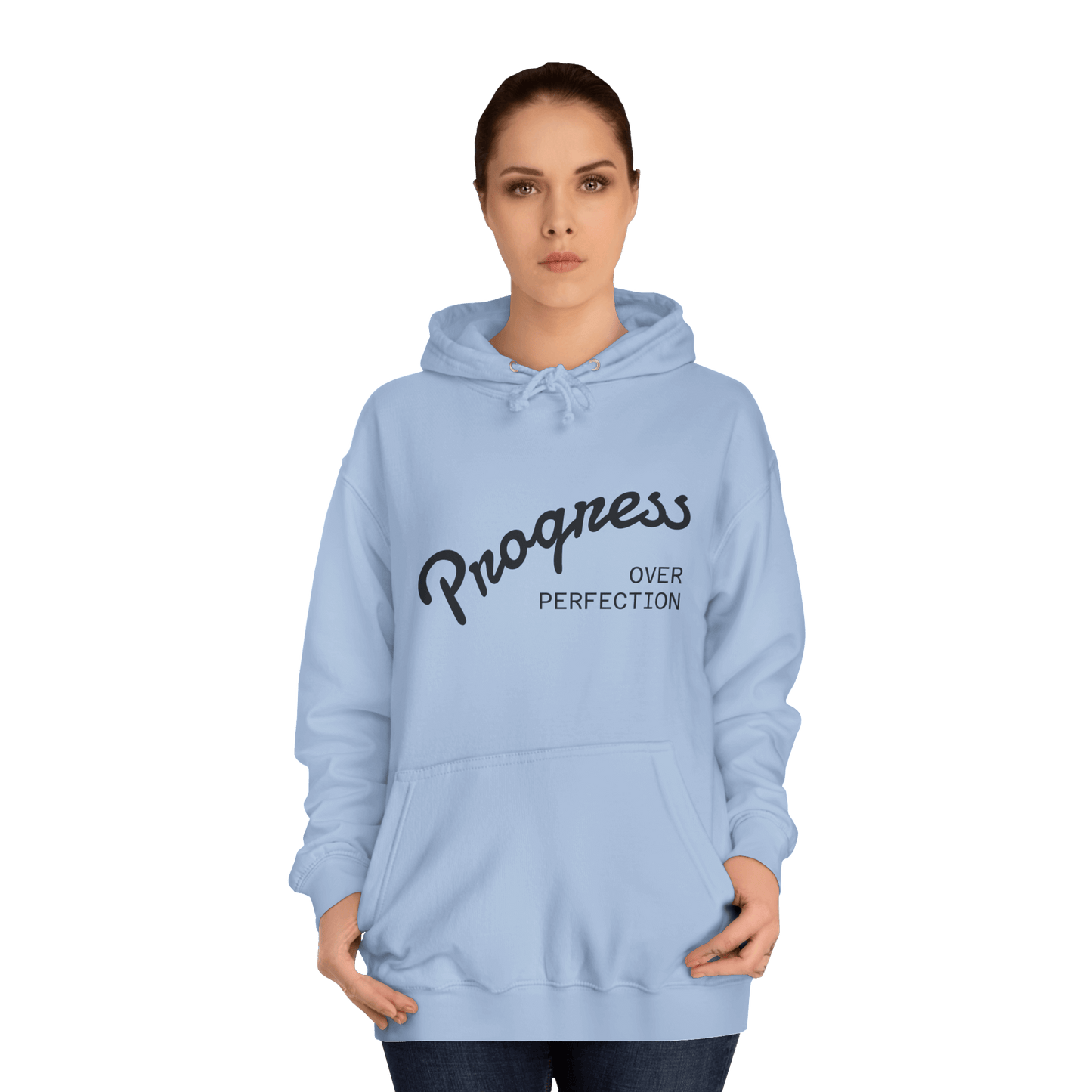 Custom College Hoodie – Add Your Photos, Text & Emojis Your Way in light blue with the phrase 'Progress Over Perfection'.