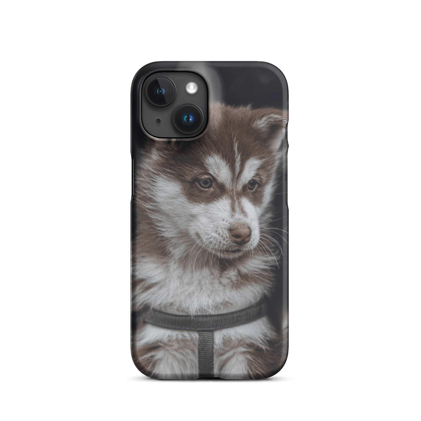 Custom iPhone case featuring an adorable brown and white puppy portrait, perfect for pet lovers.