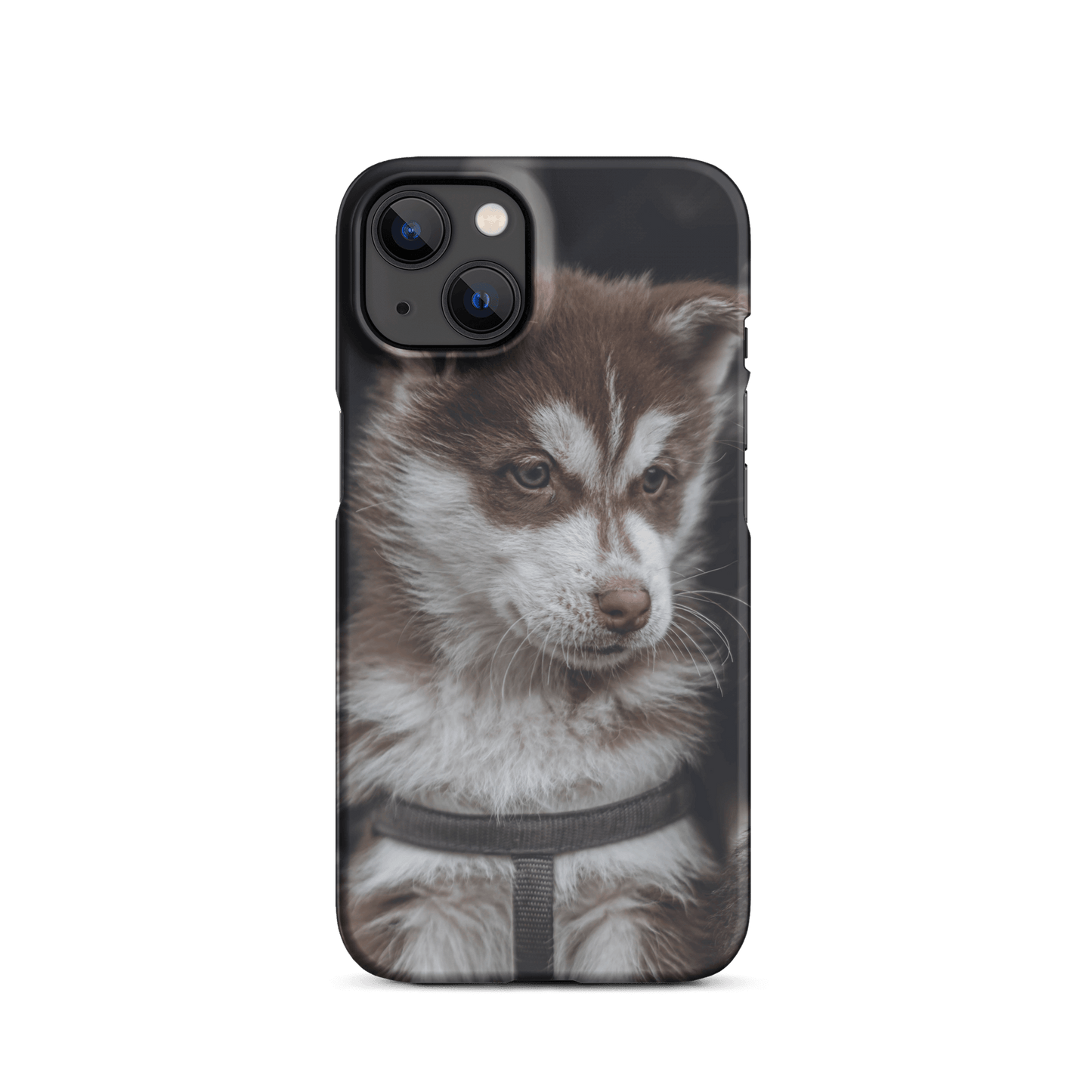 Custom iPhone case featuring an adorable brown and white husky puppy design.