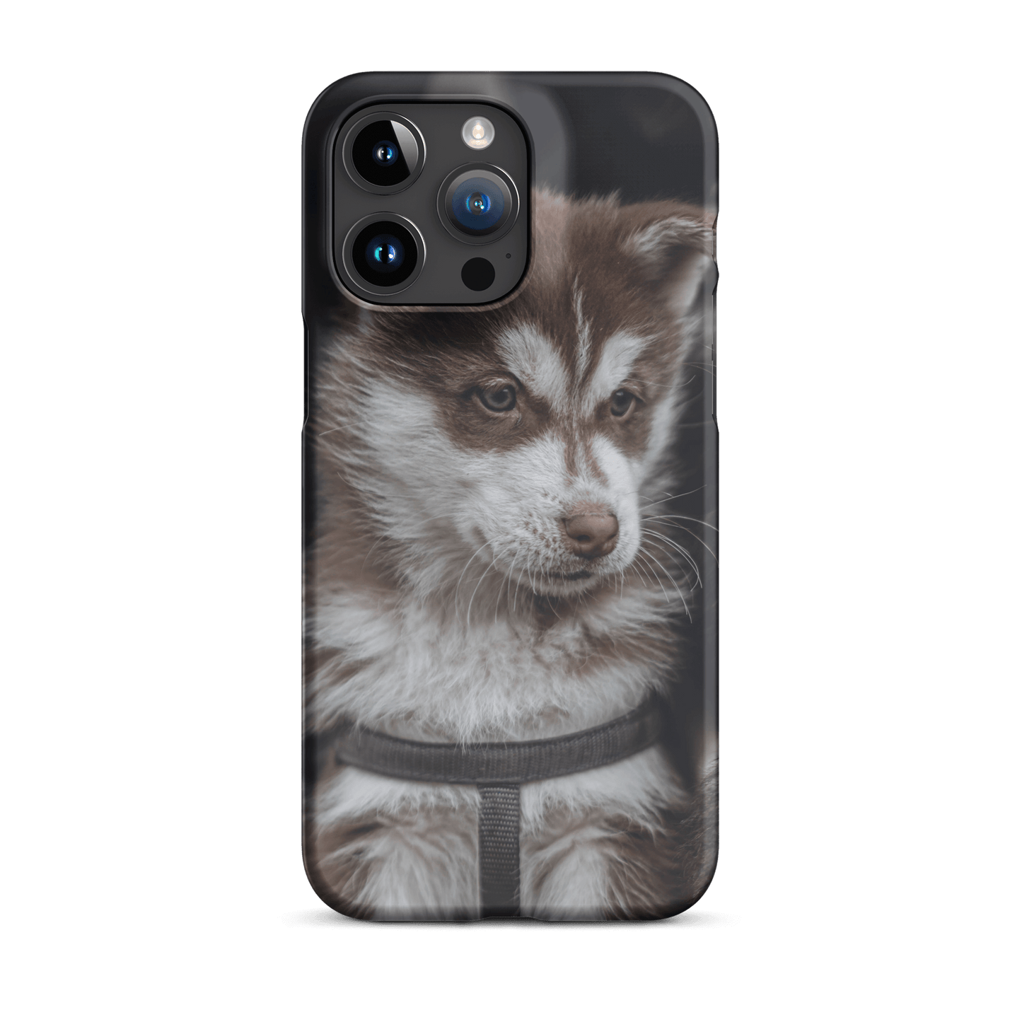 Custom iPhone case featuring an adorable brown and white puppy portrait, showcasing your unique style.