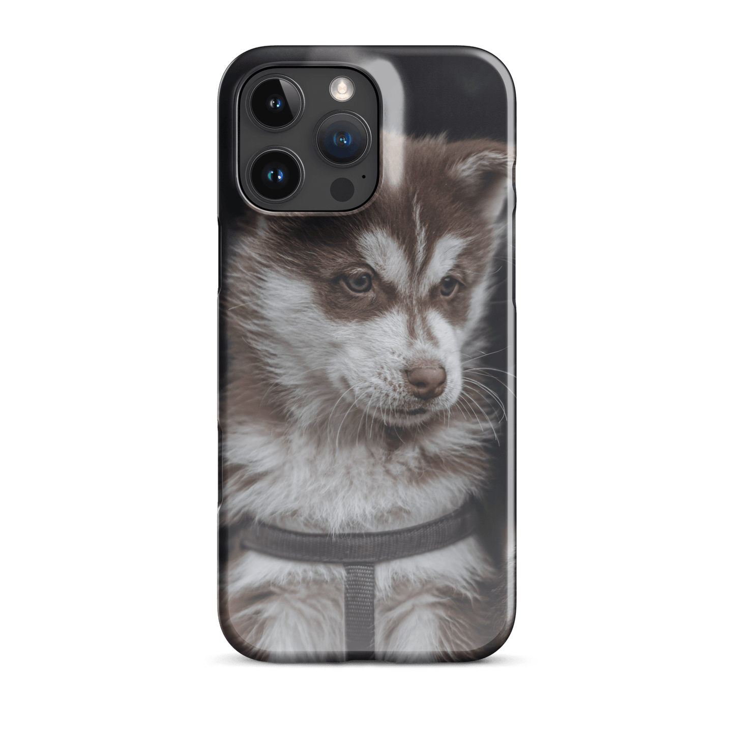 Custom iPhone case featuring an adorable brown and white puppy, perfect for showcasing your personal style.