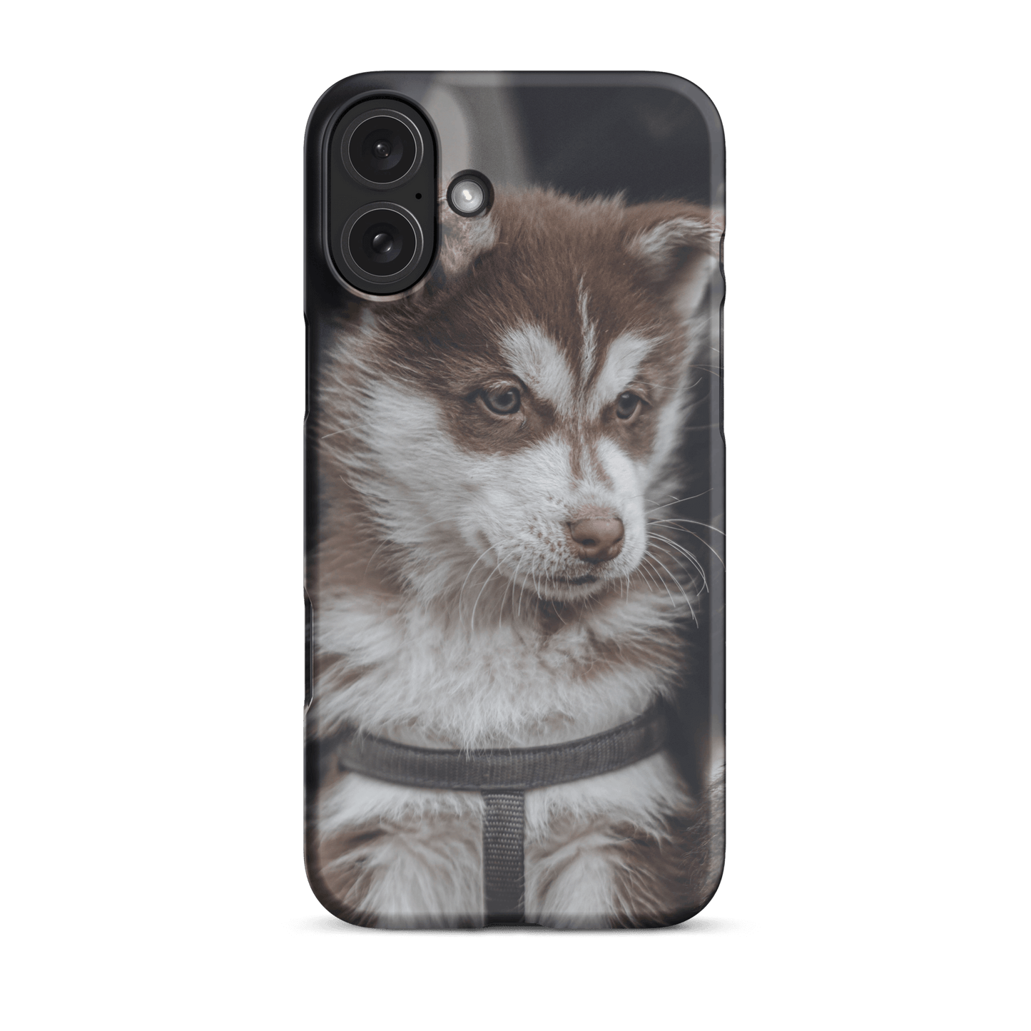 Custom iPhone case featuring a cute brown and white puppy portrait, perfect for dog lovers.