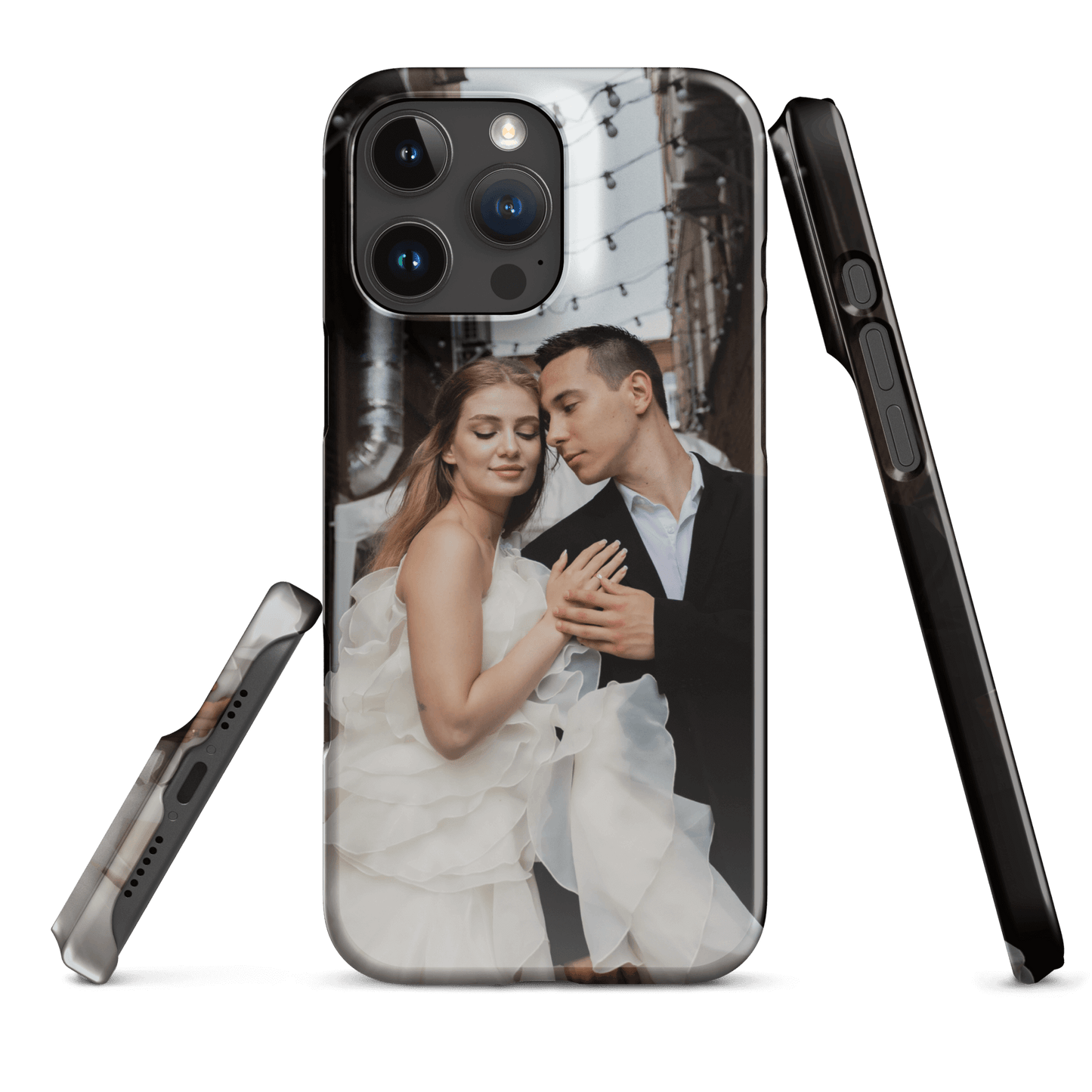 Custom iPhone case featuring a romantic couple in a wedding setting, showcasing personal style and cherished memories.