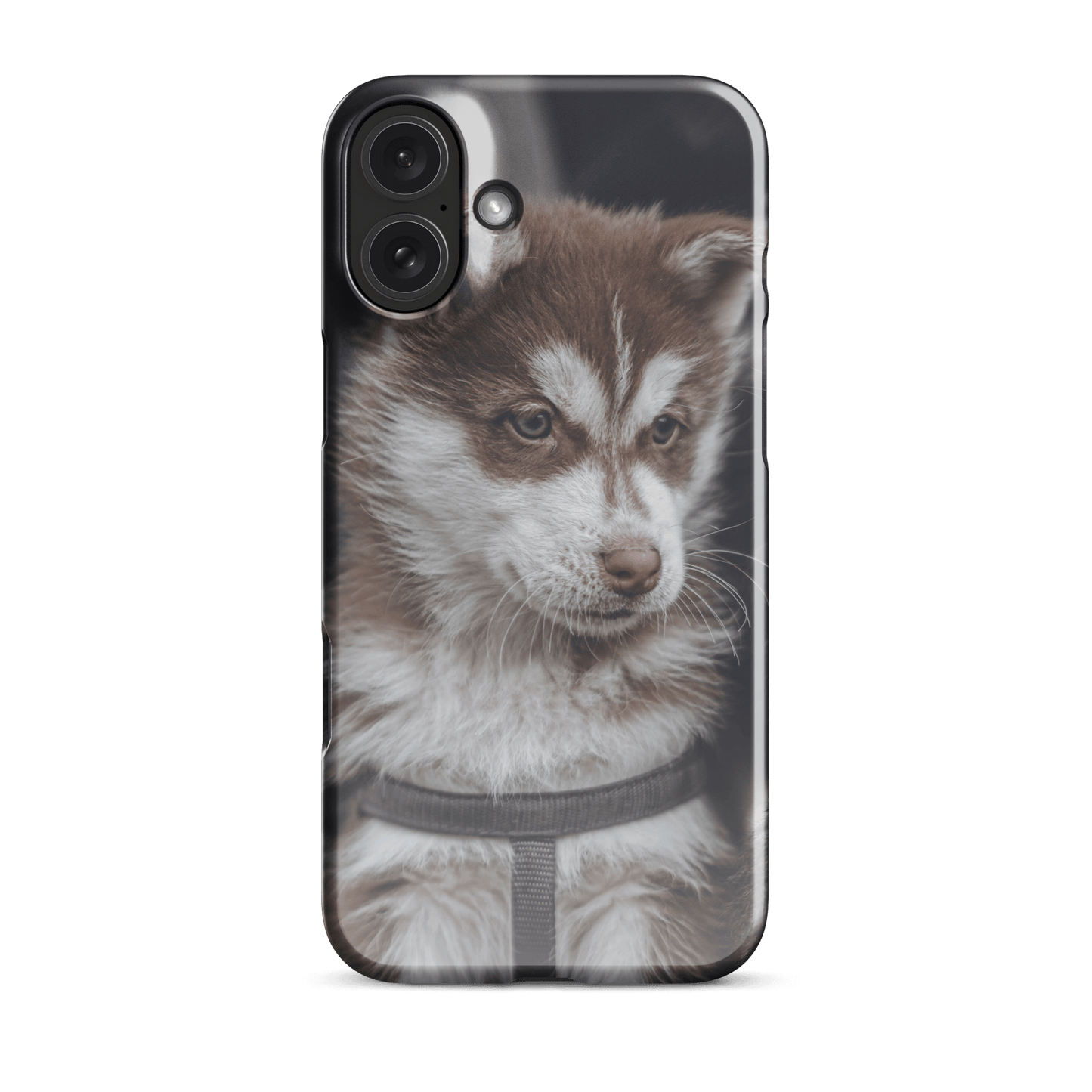 Custom iPhone case featuring an adorable brown and white puppy, perfect for showcasing your style!