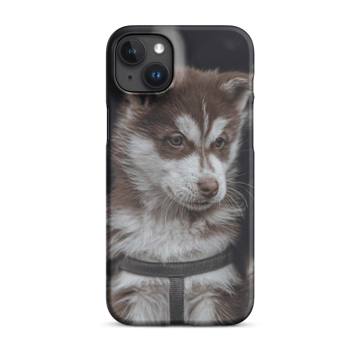 Custom iPhone case featuring an adorable brown and white puppy portrait, perfect for pet lovers.