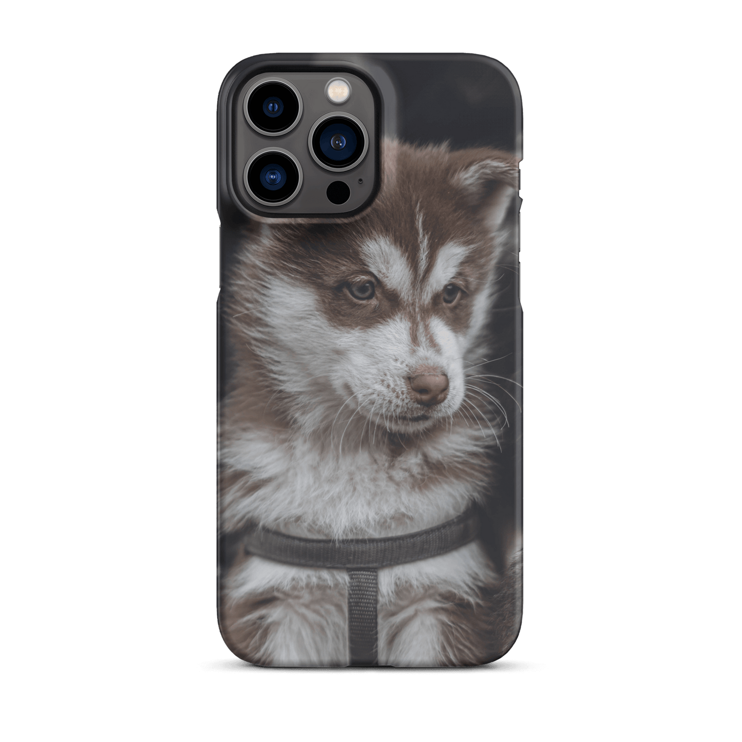 Custom iPhone case featuring an adorable husky puppy portrait, perfect for pet lovers and unique phone style.