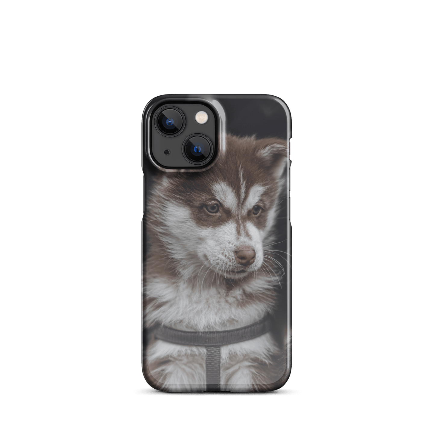 Custom iPhone case featuring a cute brown and white puppy, perfect for dog lovers.