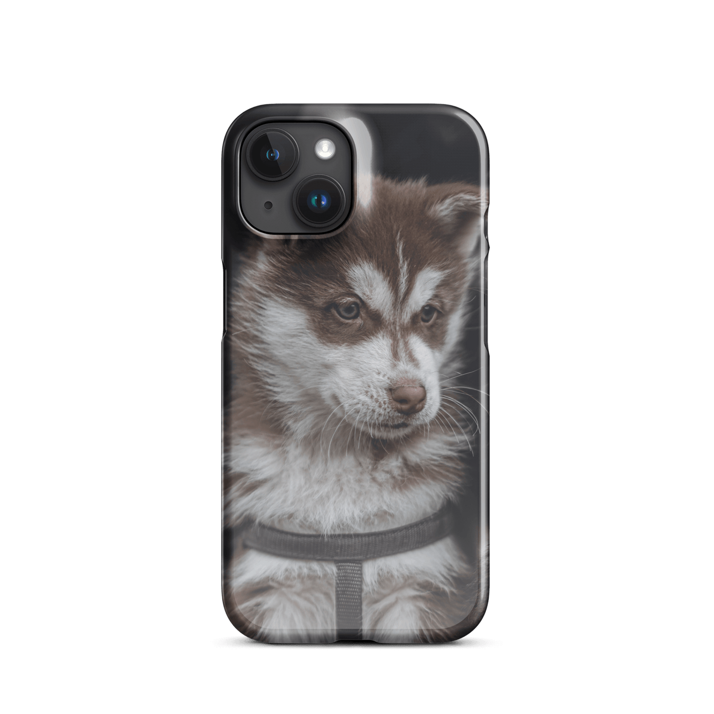 Custom iPhone case featuring a cute brown and white puppy design, perfect for pet lovers.