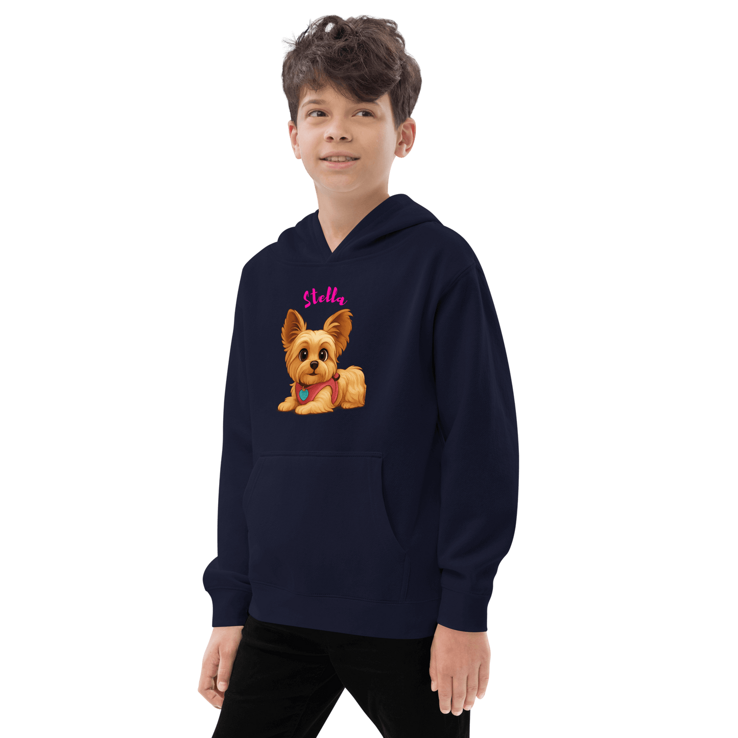Custom Pet Hoodie for Kids – Magical Cartoon Personalized Gift with a cute dog illustration on a boy wearing the hoodie.