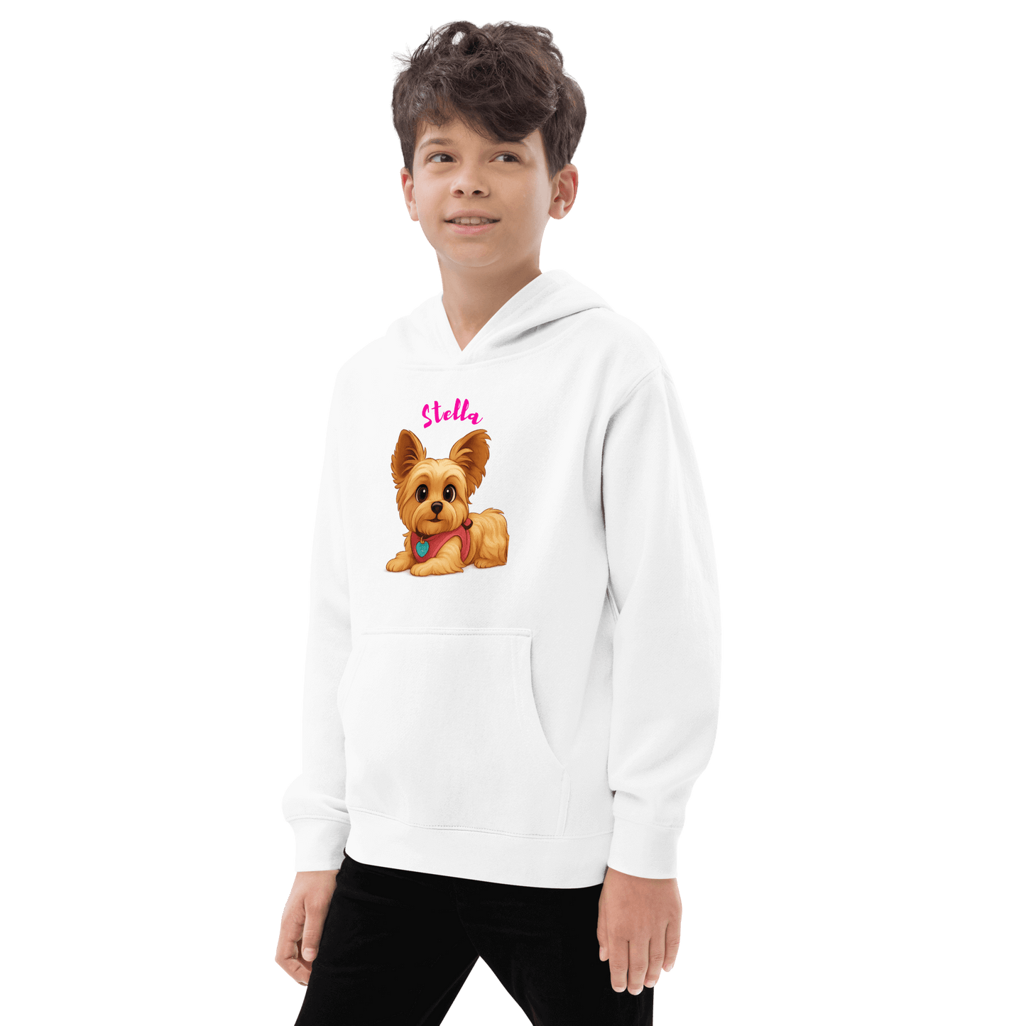 Custom Pet Hoodie for Kids – Magical Cartoon Personalized Gift featuring a boy wearing a hoodie with a cartoon dog illustration.