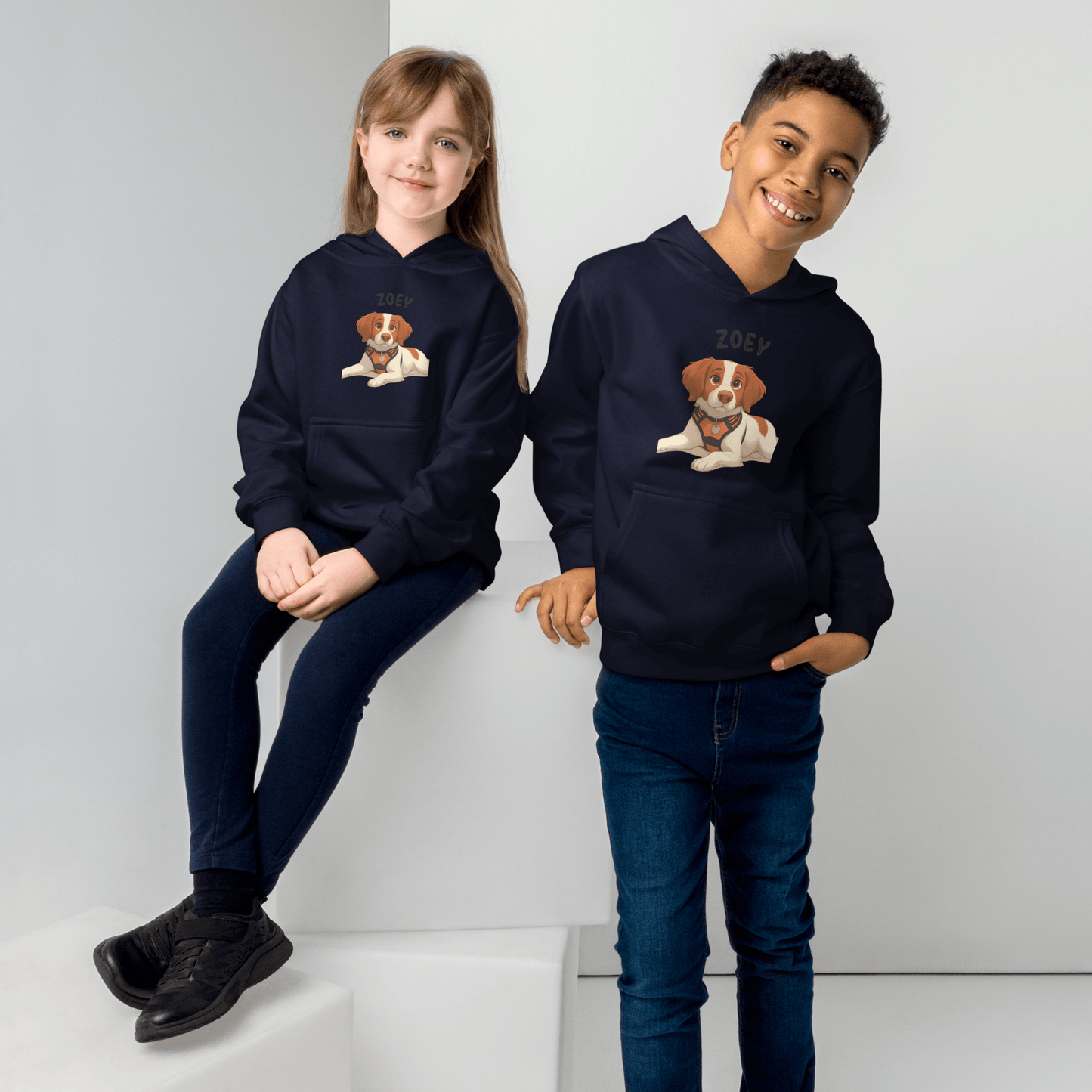 Custom Pet Hoodie for Kids – Magical Cartoon Personalized Gift featuring kids wearing hoodies with pet illustrations.
