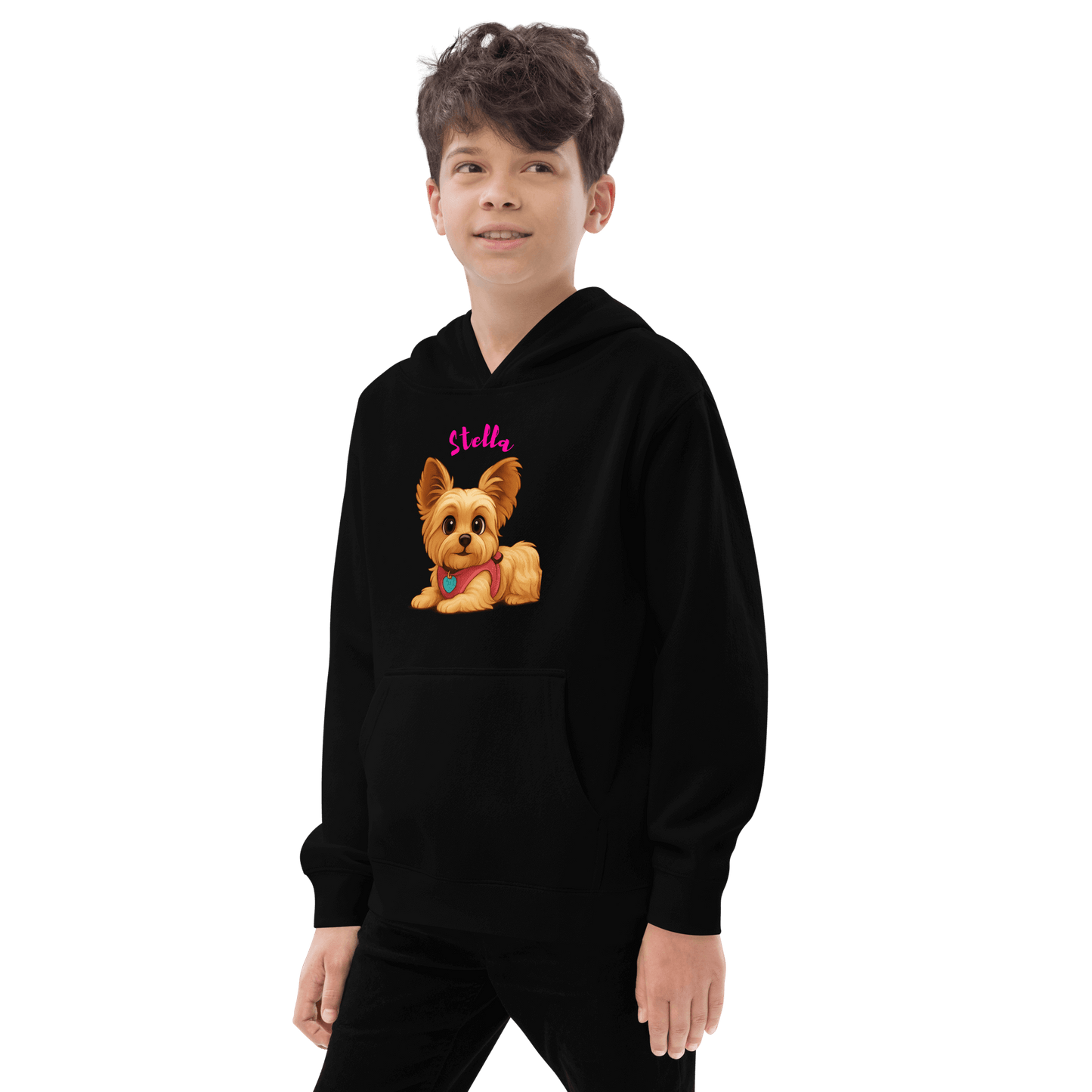 Custom Pet Hoodie for Kids – Magical Cartoon Personalized Gift featuring a dog illustration on a black hoodie.