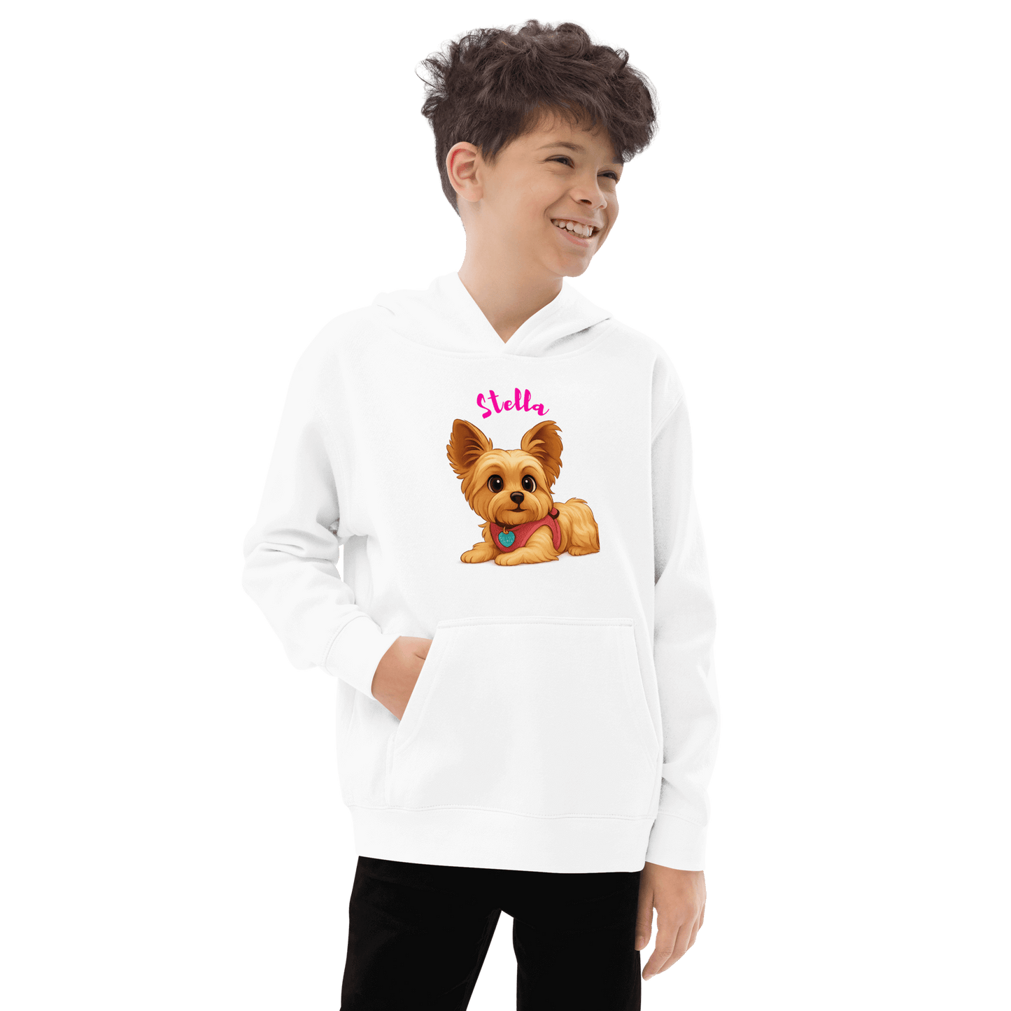 Custom Pet Hoodie for Kids – Magical Cartoon Personalized Gift featuring a boy wearing a white hoodie with a cartoon dog illustration.