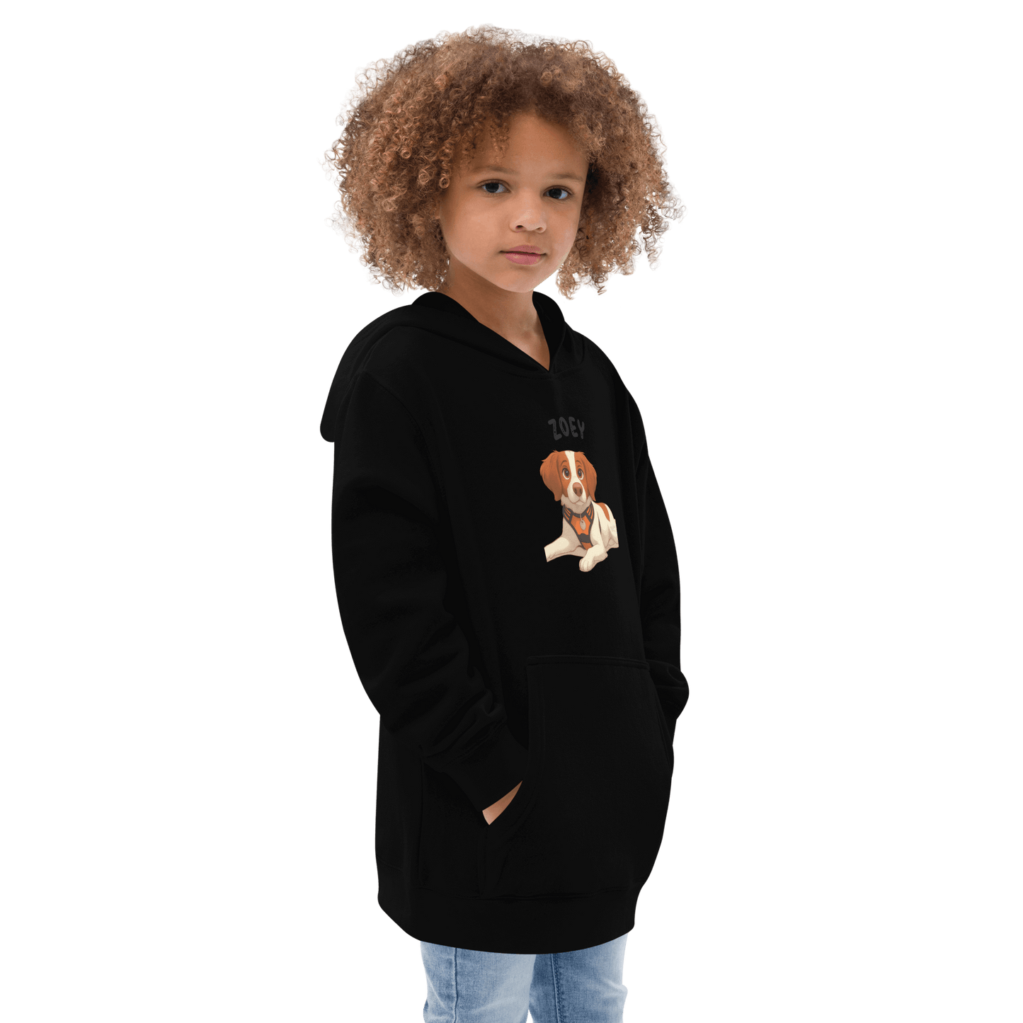 Custom Pet Hoodie for Kids – Magical Cartoon Personalized Gift featuring a child in a black hoodie with a cartoon dog illustration.