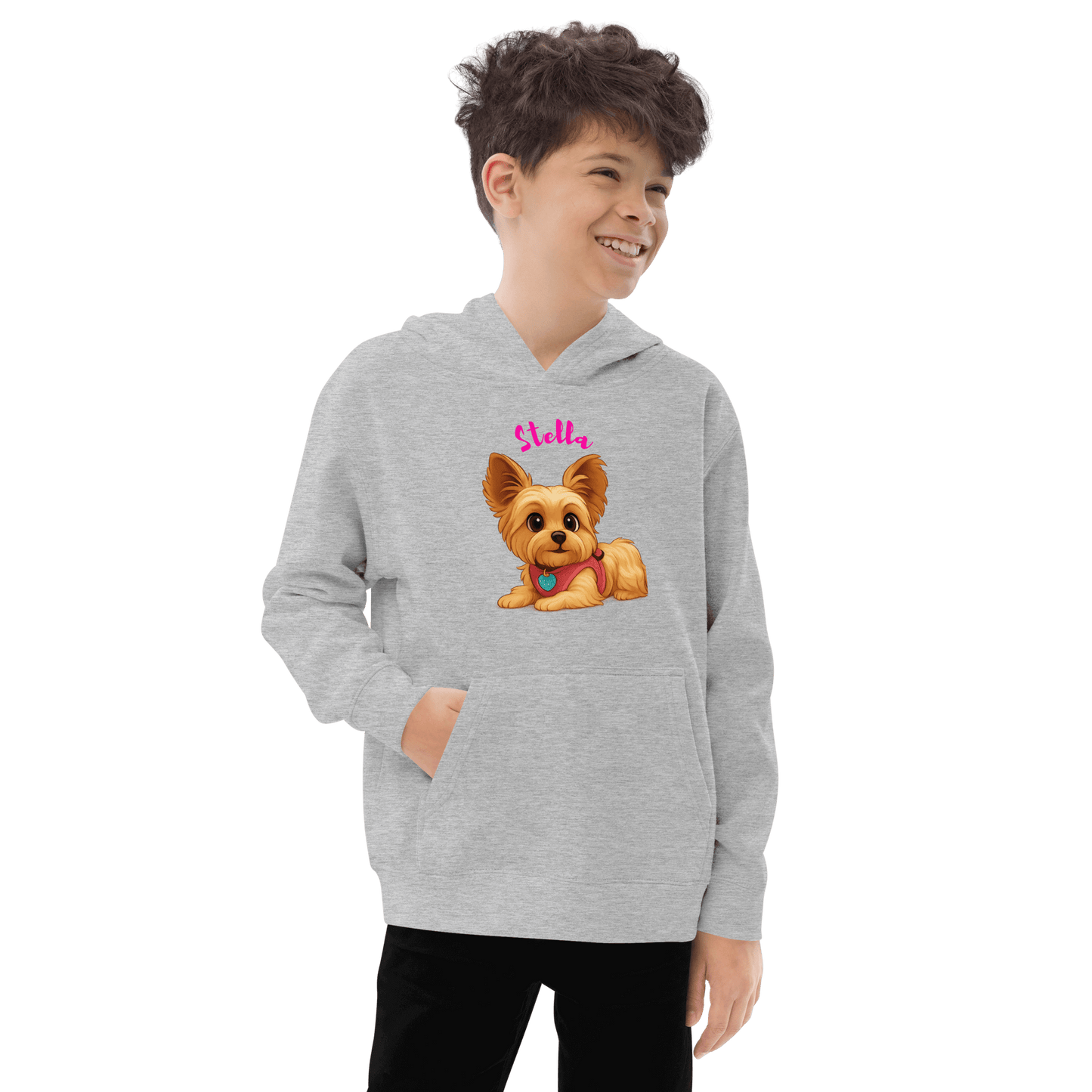 Custom Pet Hoodie for Kids – Magical Cartoon Personalized Gift featuring a boy wearing a hoodie with a cartoon dog design.