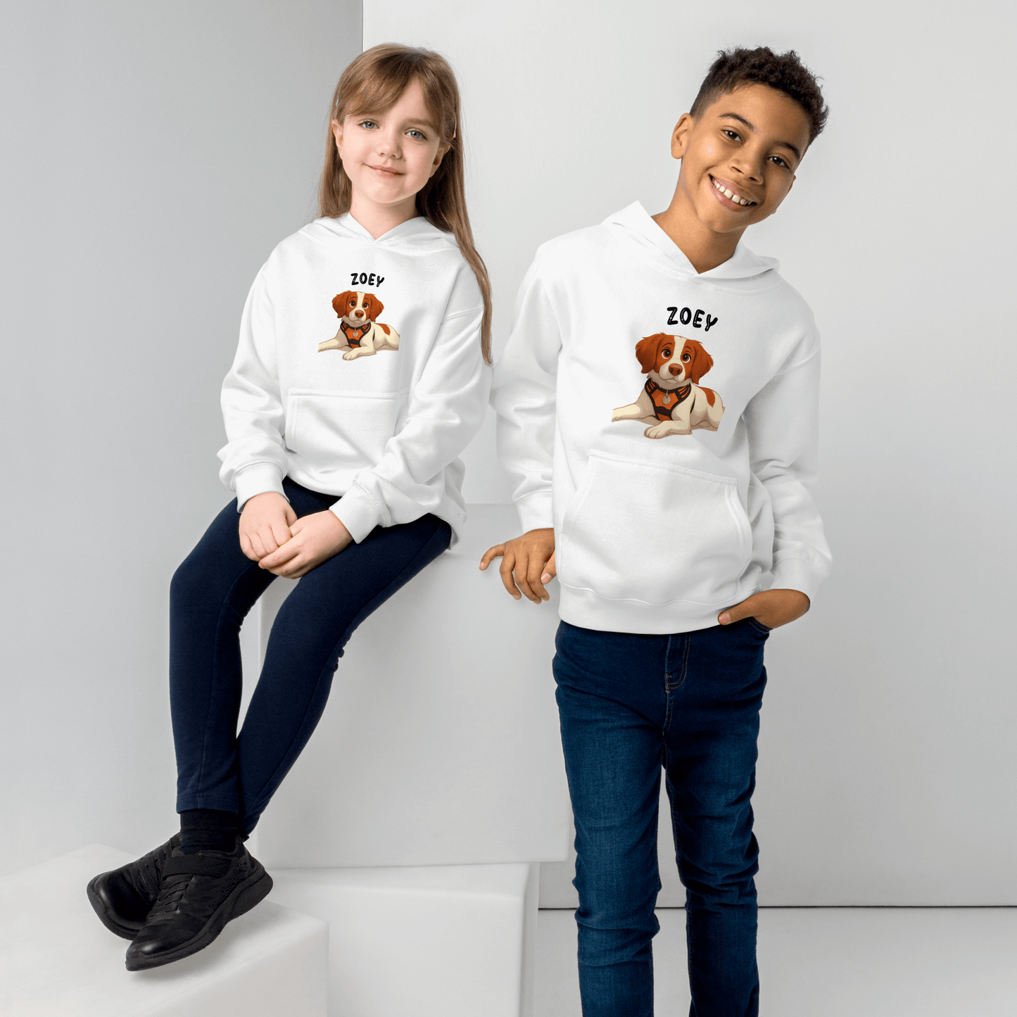 Custom Pet Hoodie for Kids – Magical Cartoon Personalized Gift featuring kids wearing hoodies with cartoon pet illustrations.