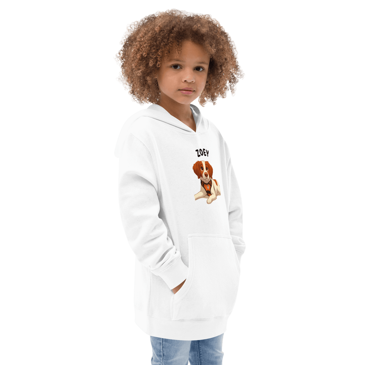 Custom Pet Hoodie for Kids – Magical Cartoon Personalized Gift with a child wearing a white hoodie featuring a cartoon dog.