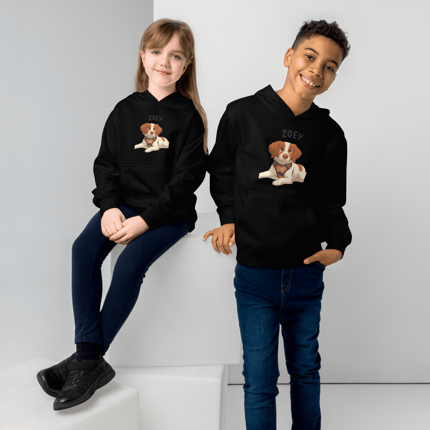 Custom Pet Hoodie for Kids – Magical Cartoon Personalized Gift featuring kids in hoodies with pet designs.