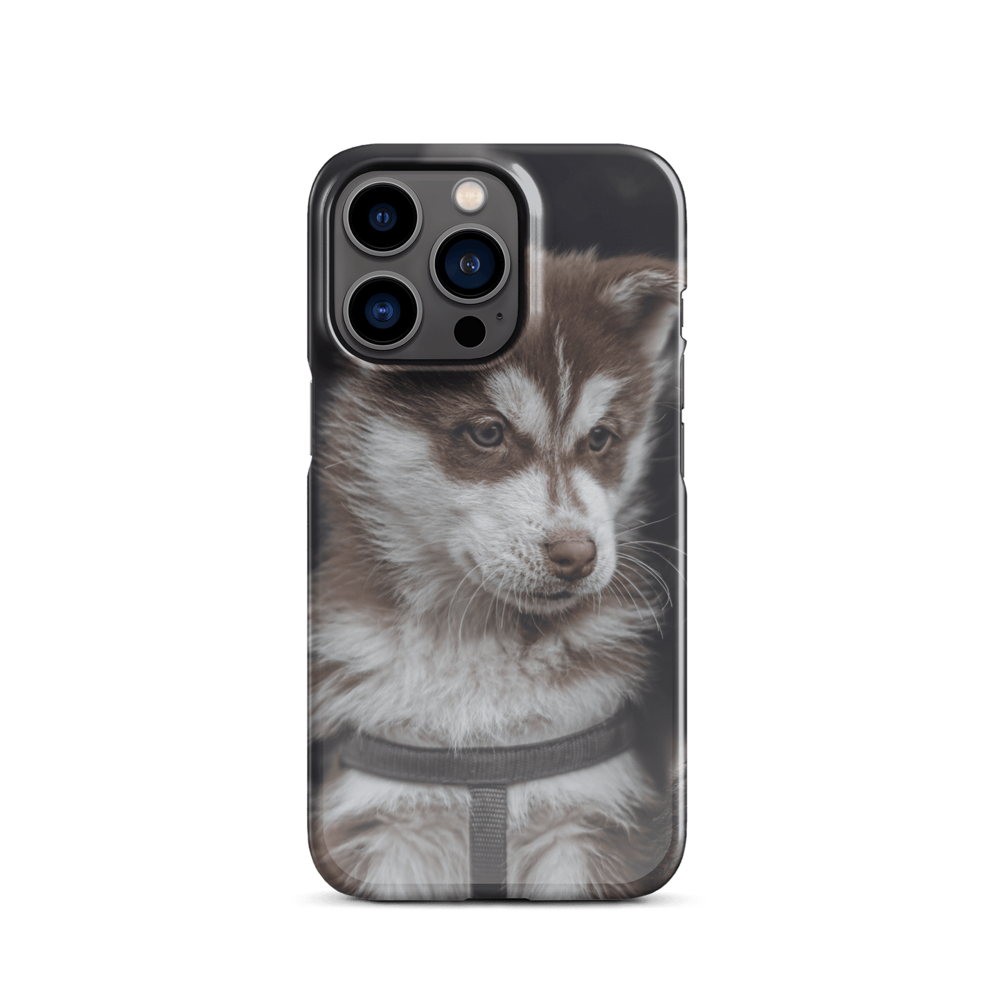 Custom iPhone case featuring a cute brown and white puppy, perfect for pet lovers and stylish phone protection.