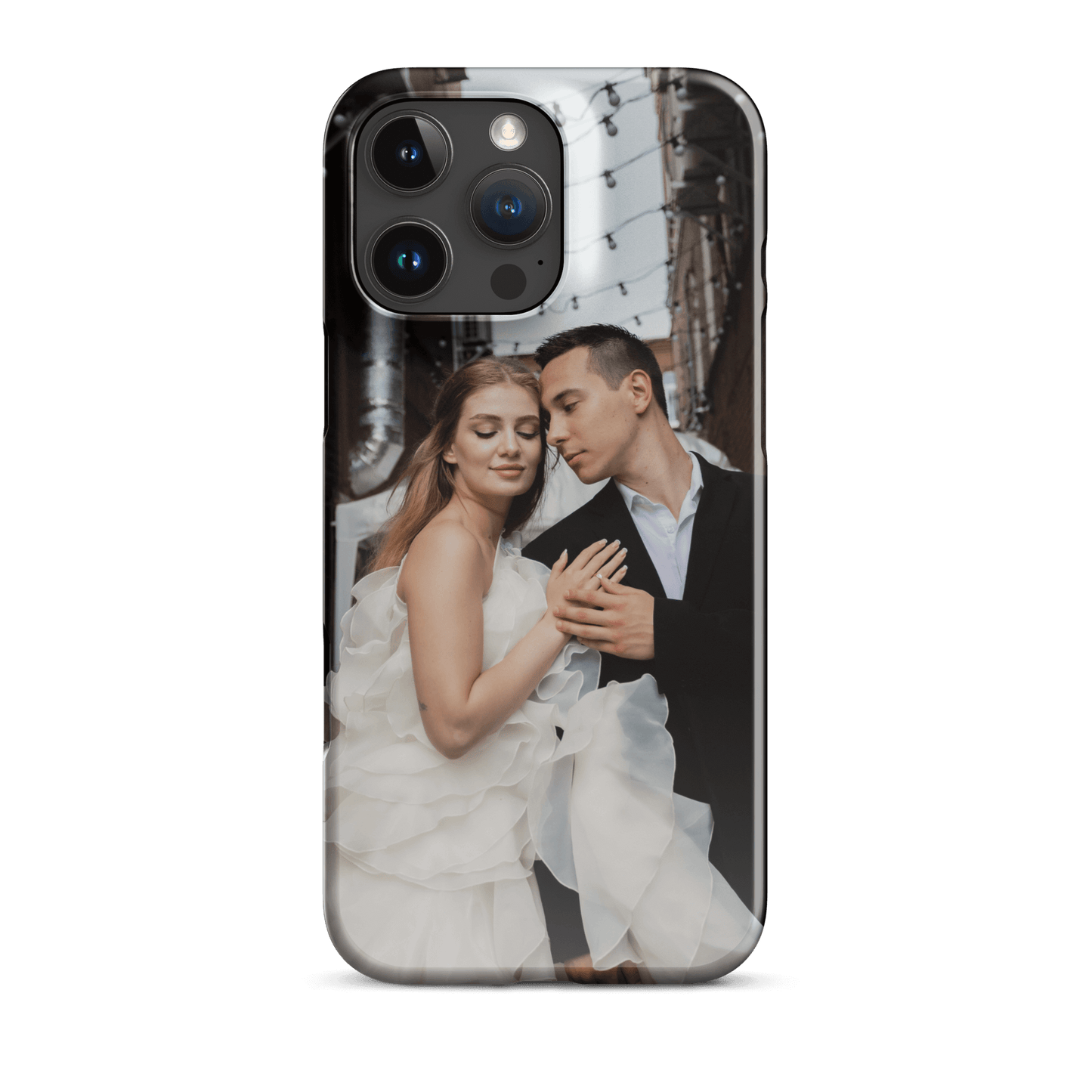 Custom iPhone case featuring a romantic couple in stylish outfits, perfect for showcasing your memories.