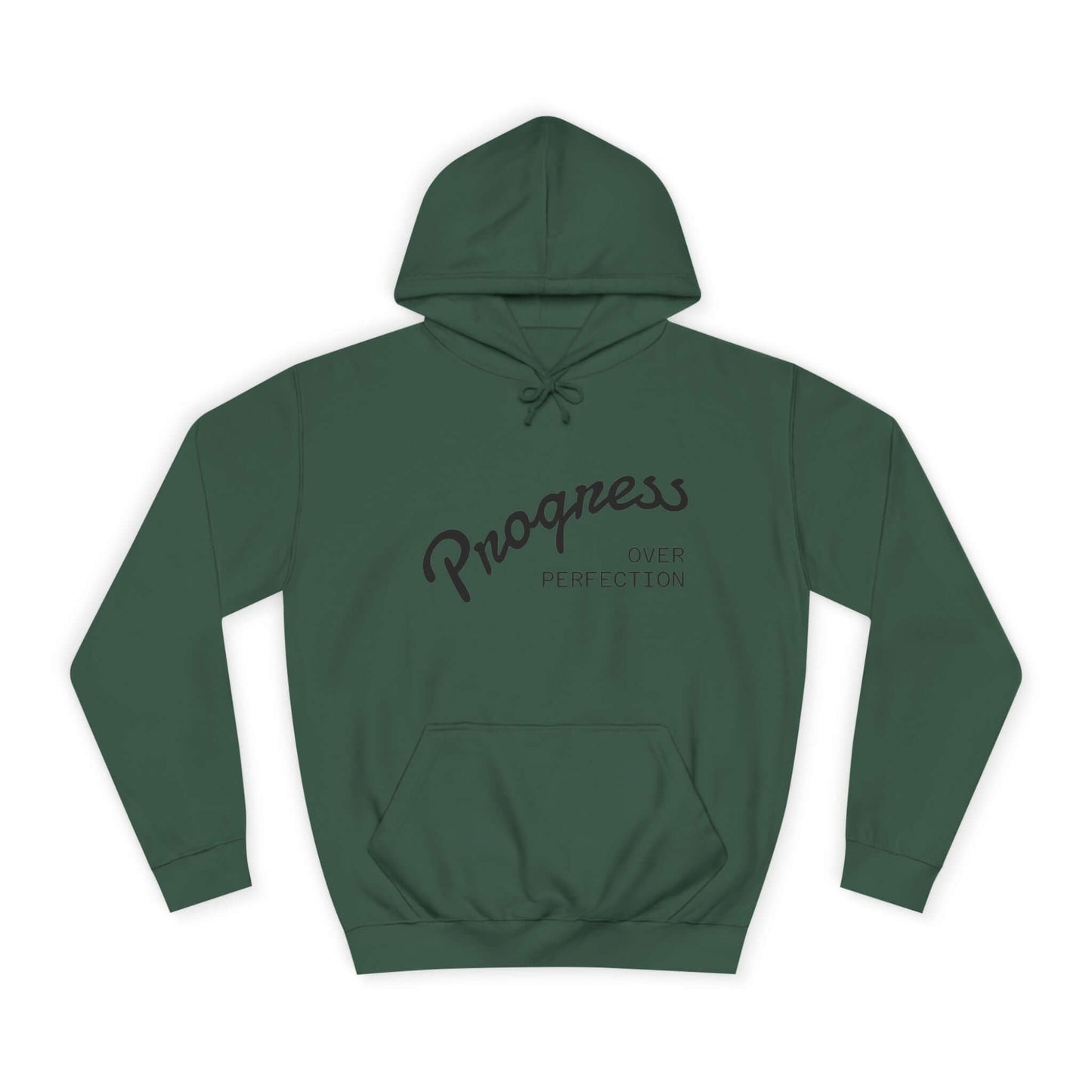 Custom College Hoodie – Add Your Photos, Text & Emojis Your Way in green with 'Progress Over Perfection' design.