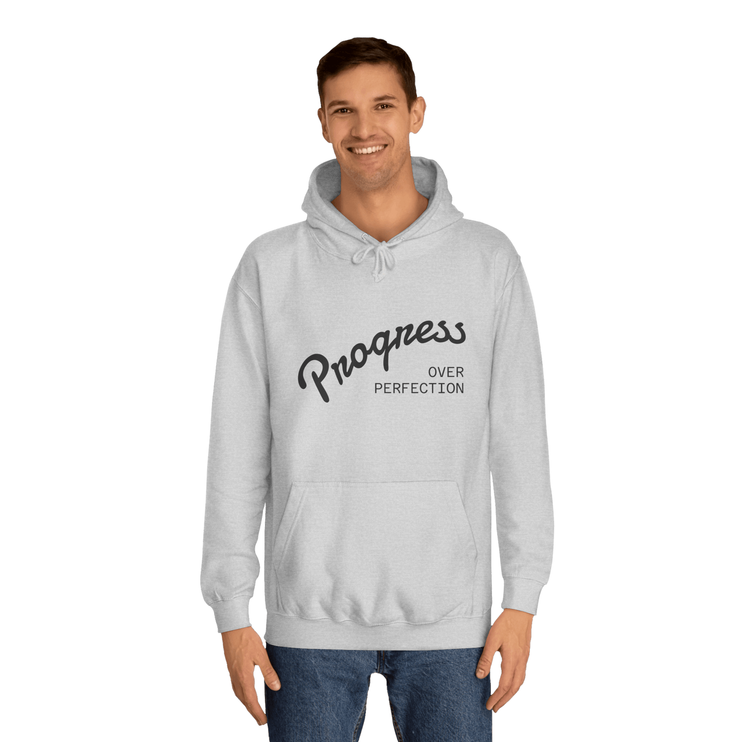 Custom College Hoodie – Add Your Photos, Text & Emojis Your Way worn by a man with the text 'Progress Over Perfection'.
