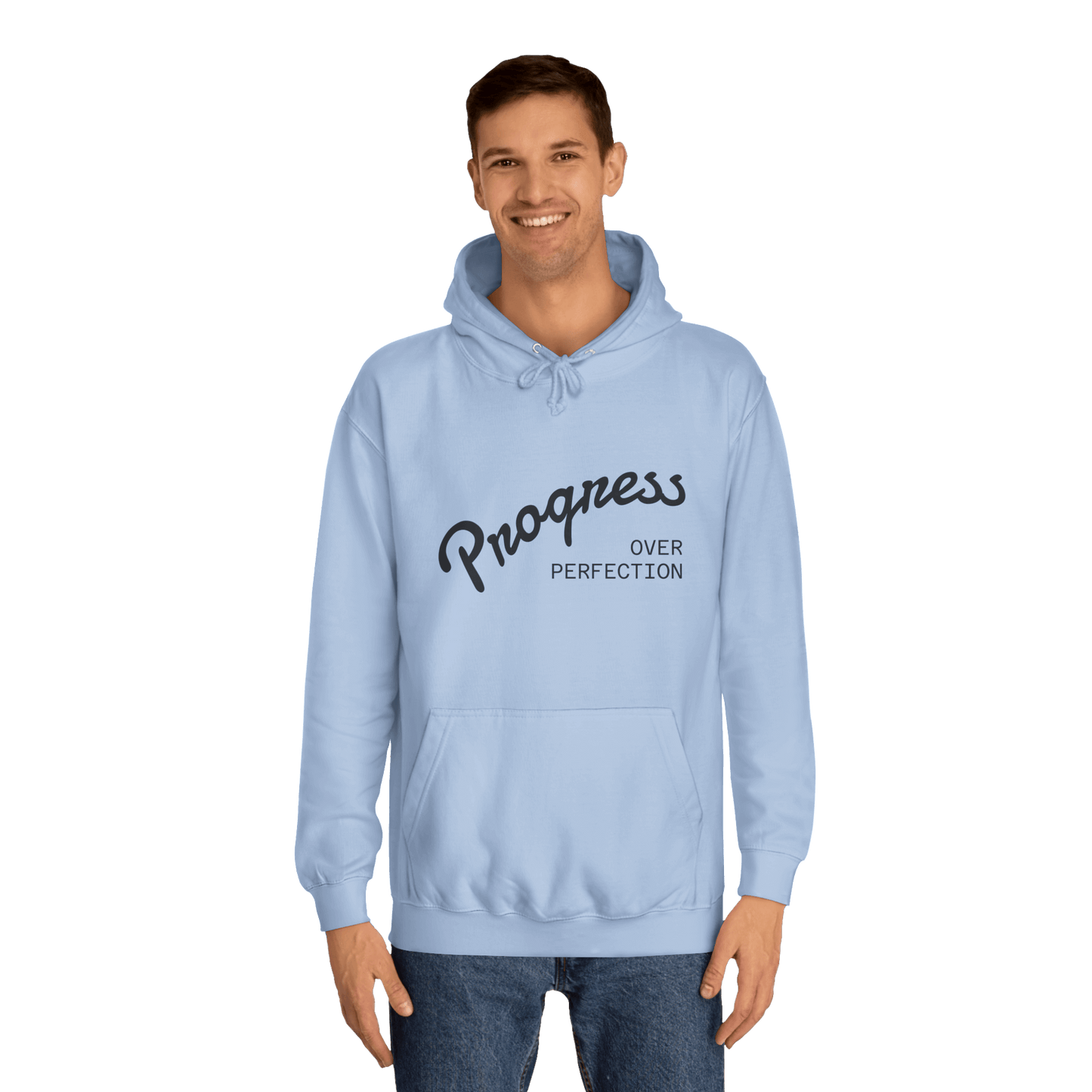 Custom College Hoodie – Add Your Photos, Text & Emojis Your Way worn by a smiling man in a light blue color.