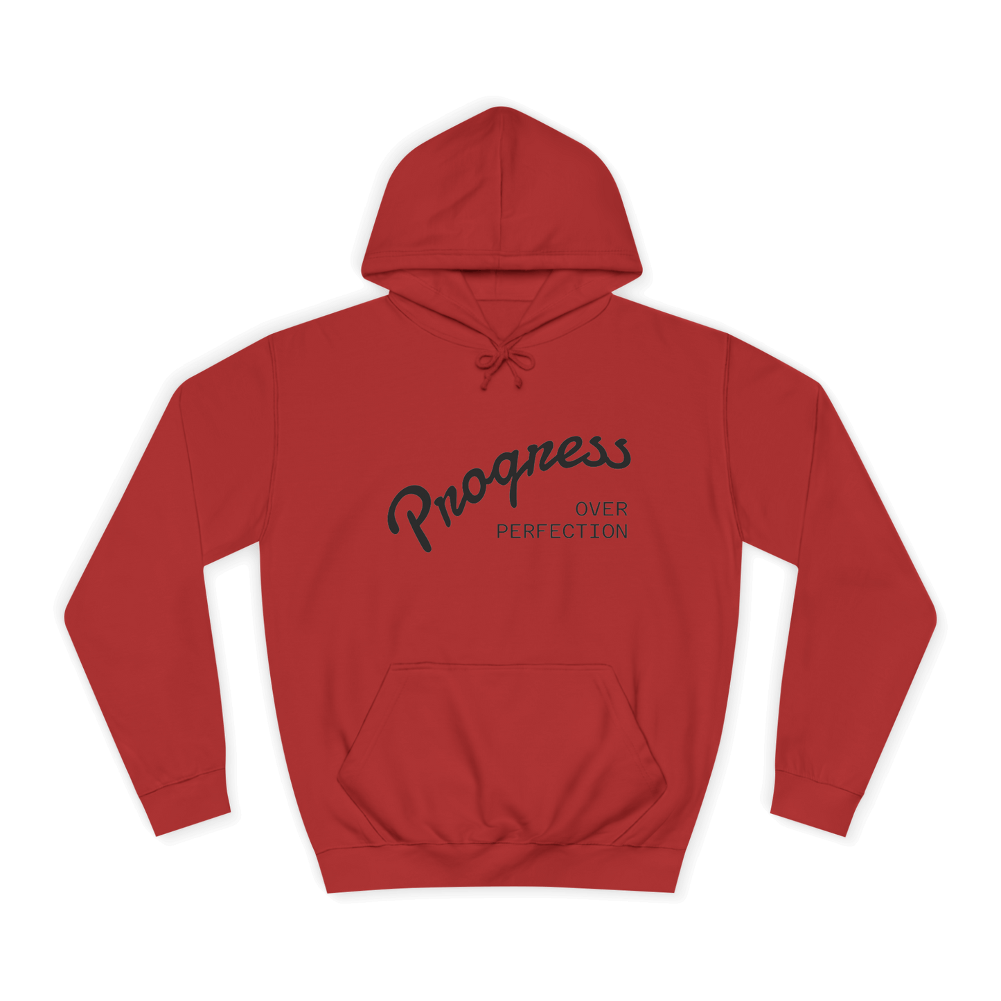 Custom College Hoodie – Add Your Photos, Text & Emojis Your Way in red with 'Progress Over Perfection' design.