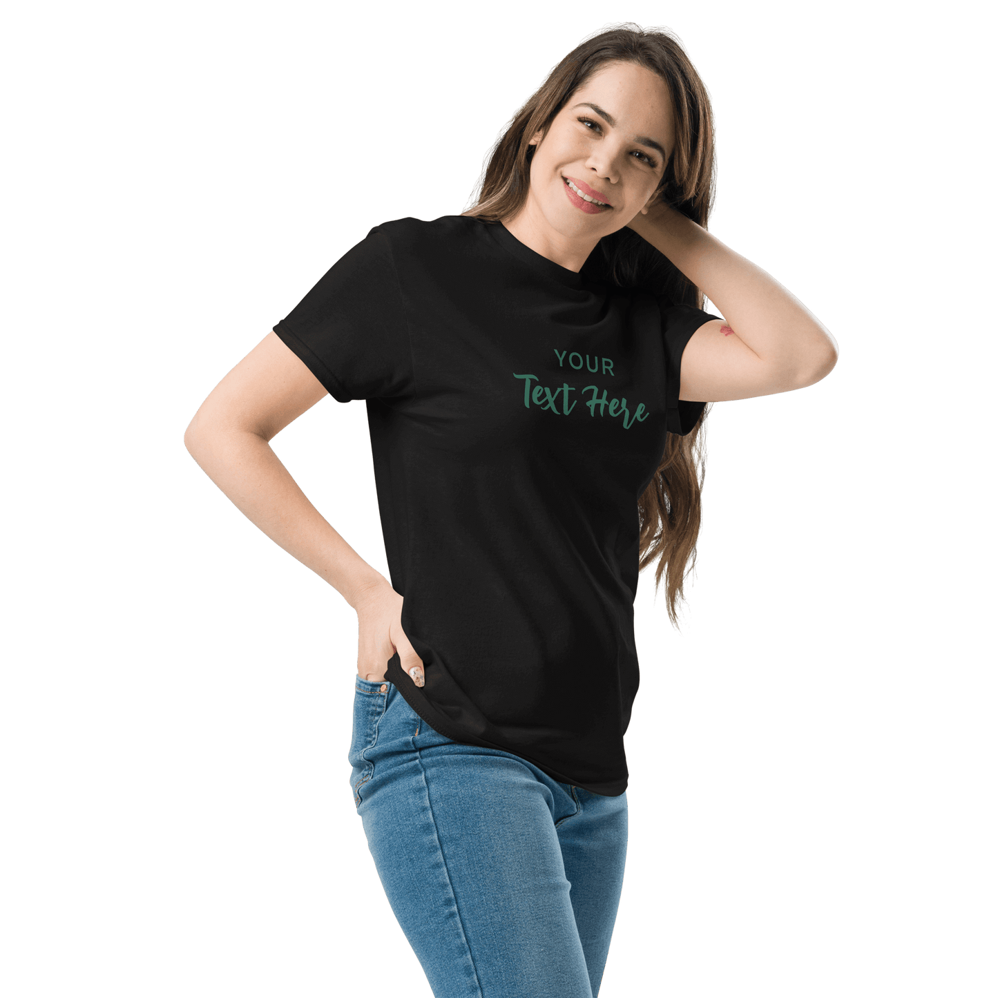 Freestyle Unisex T-Shirt β Upload Photos, Add Text & Emojis Your Way. Customizable black tee with text placeholder.