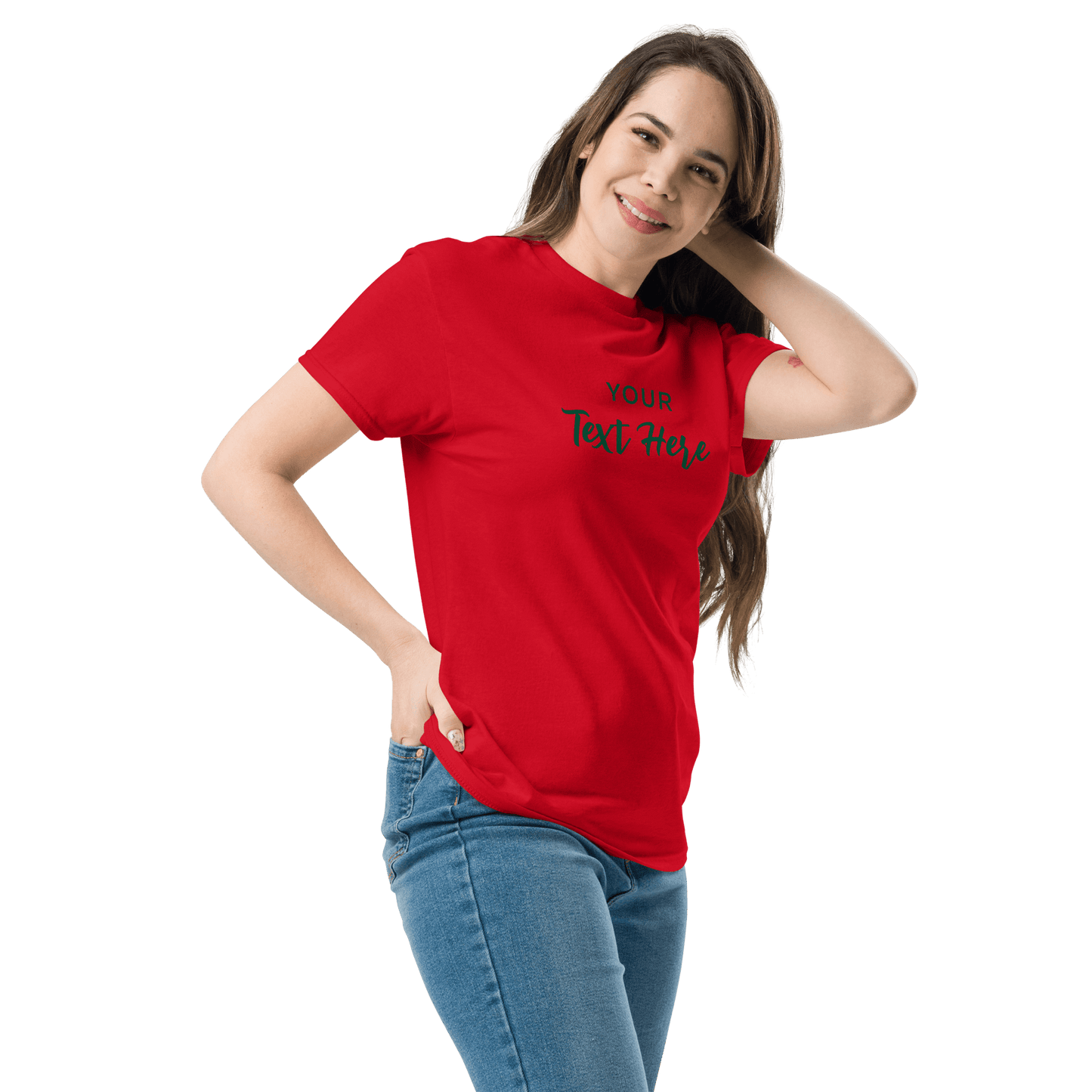 Freestyle Unisex T-Shirt β Upload Photos, Add Text & Emojis Your Way with customizable text in a vibrant red.