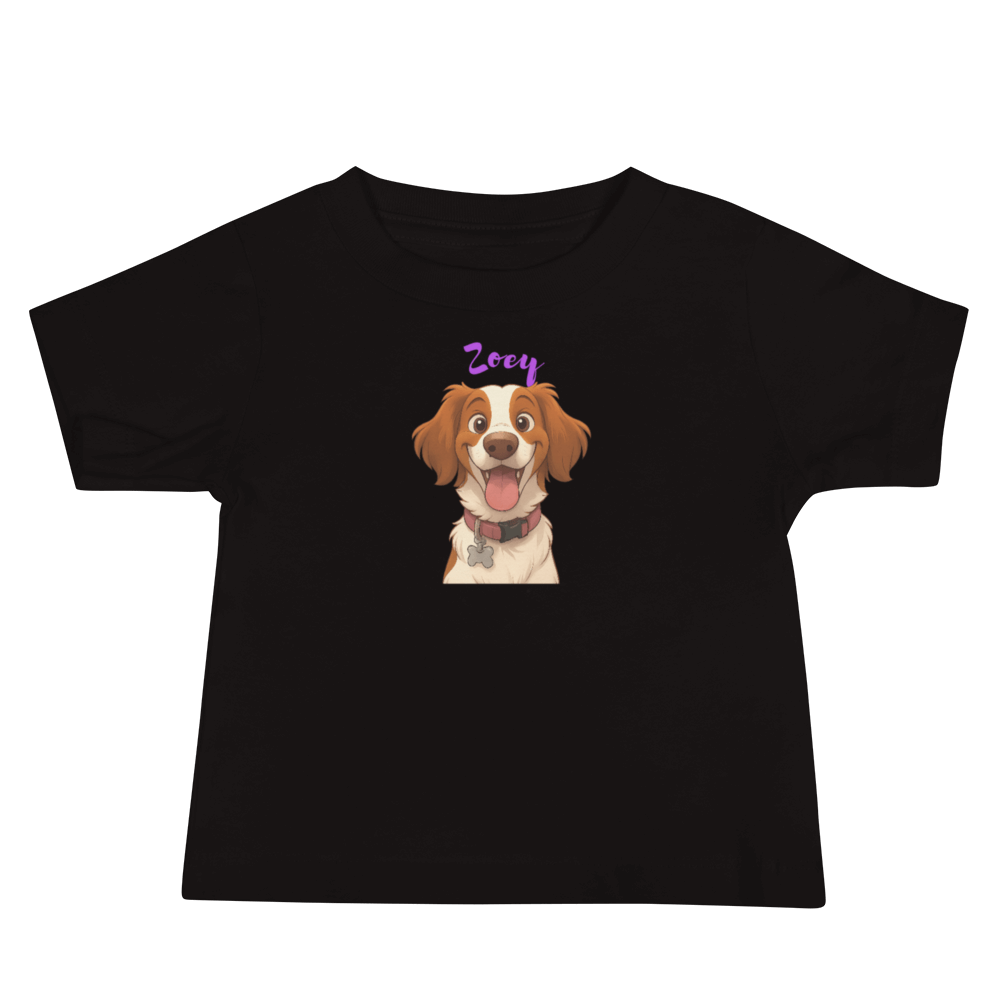 Custom cartoon baby tee featuring a playful dog named Zoey, perfect for pet lovers and adorable gifts.