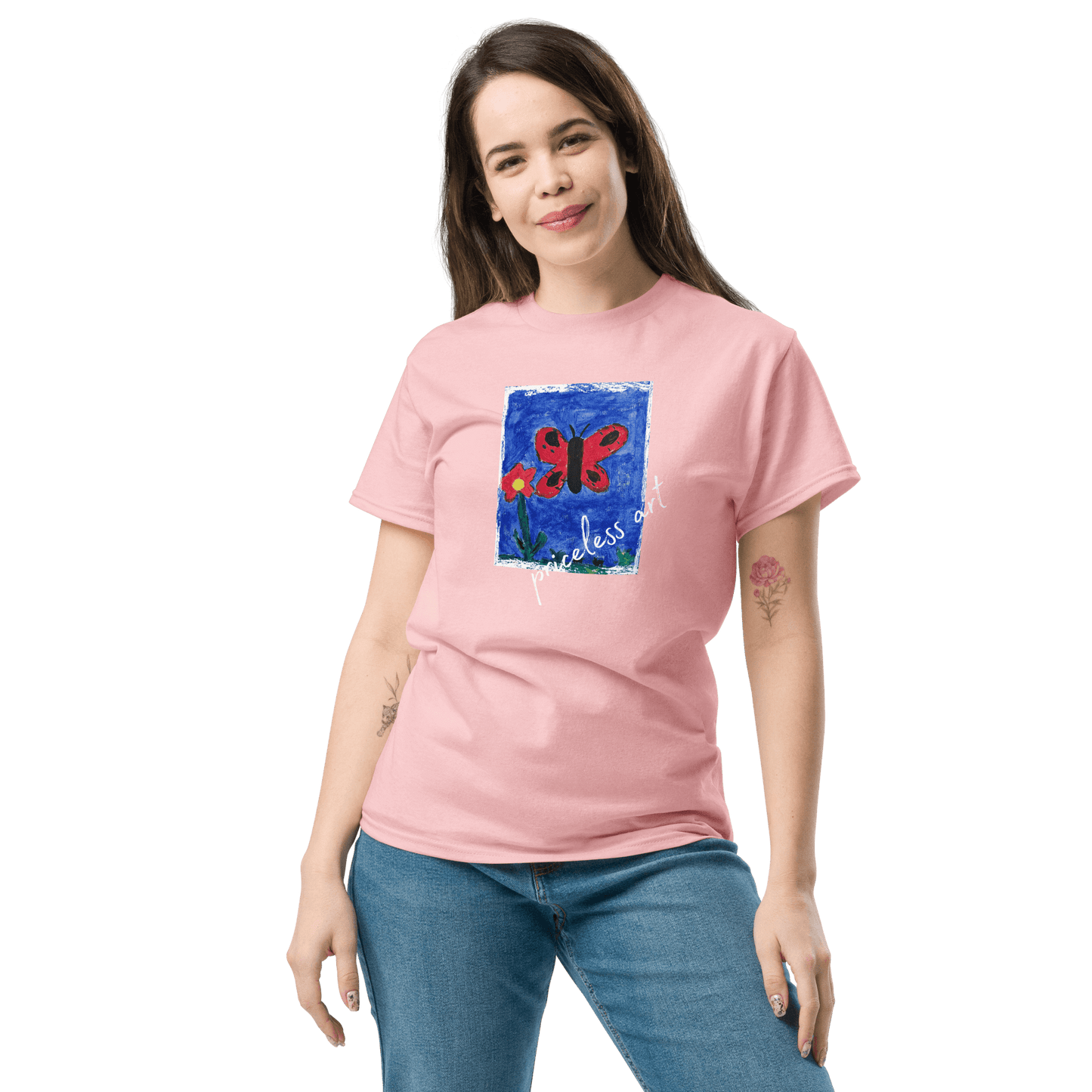 Freestyle Unisex T-Shirt β Upload Photos, Add Text & Emojis Your Way featuring a butterfly design on a pink shirt.