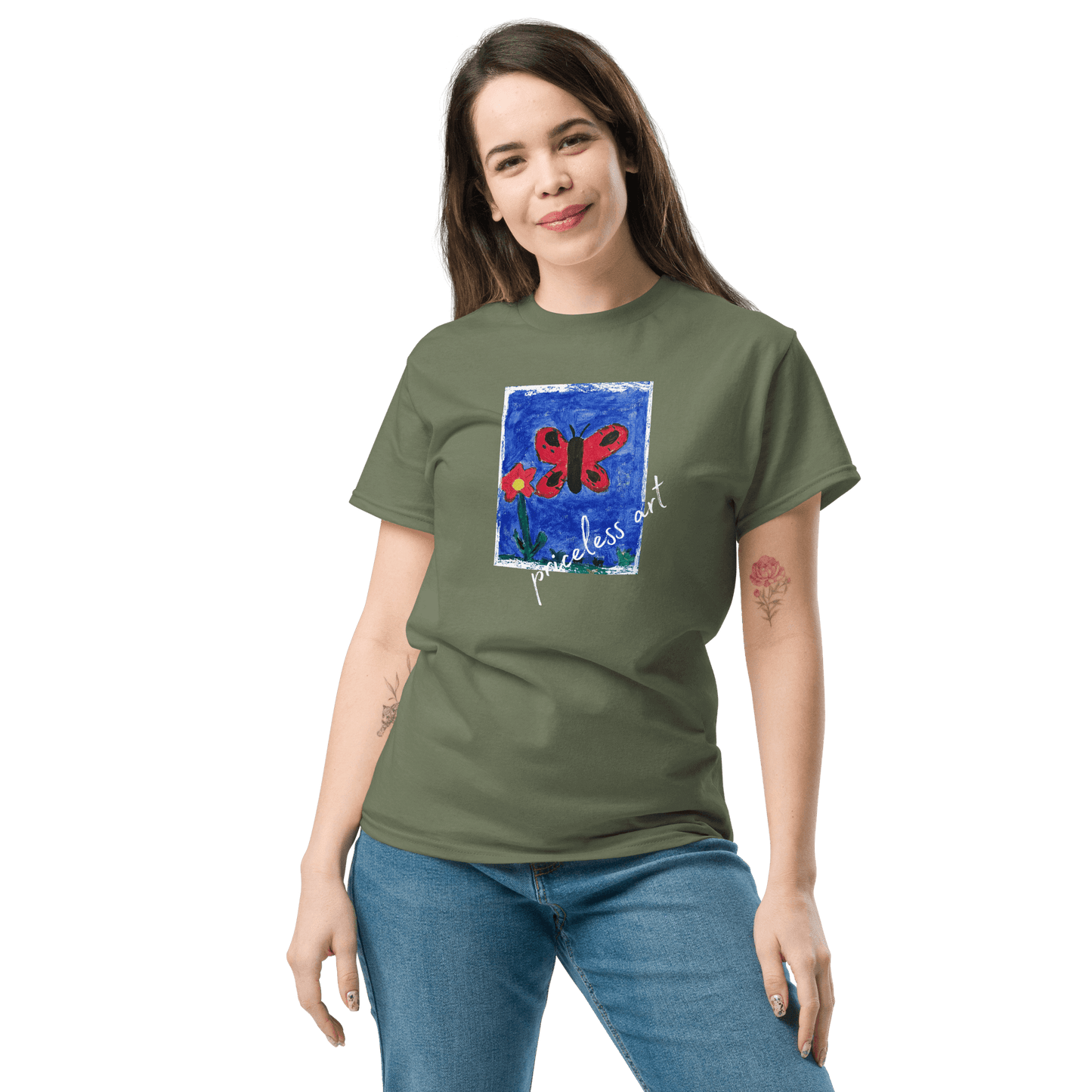 Freestyle Unisex T-Shirt β Upload Photos, Add Text & Emojis Your Way worn by a model featuring butterfly design.