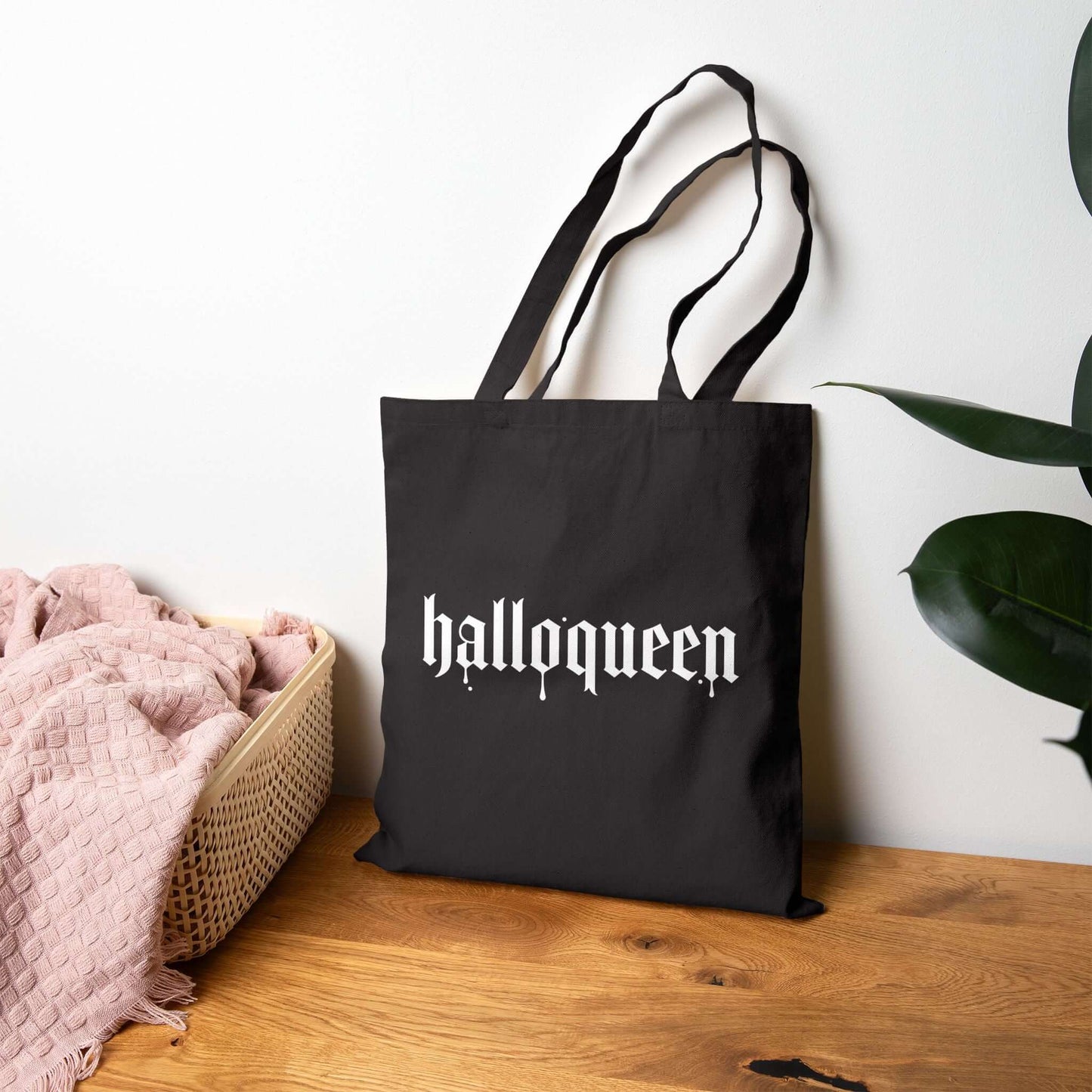 Double-Sided Halloween Tote – “Here for the Boos” + Spooky Vibes featuring 'hallowqueen' design.