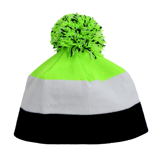 Infant Specialty Hat – Cozy, Playful, Purposeful in bright green, white, and black with a fluffy pom-pom on top.