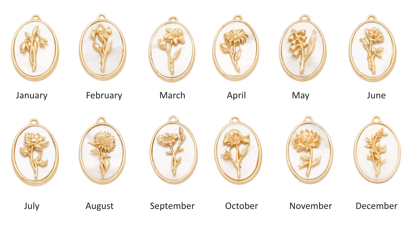 Katrina Birth Flower Necklace – Gold-Filled & Mother of Pearl monthly flower pendants display for each birth month.