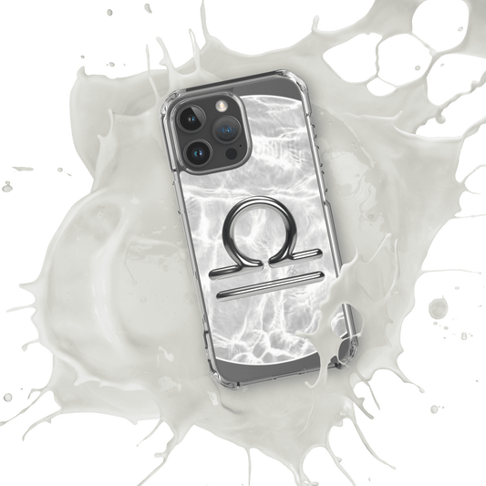 Zodiac Libra Magsafe clear iPhone case with metallic design splashed in liquid, showcasing cosmic style and protection.