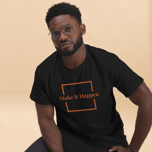 Freestyle Unisex T-Shirt – Upload Photos, Add Text & Emojis Your Way, worn by a man with glasses, featuring the text 'Make it Happen'.