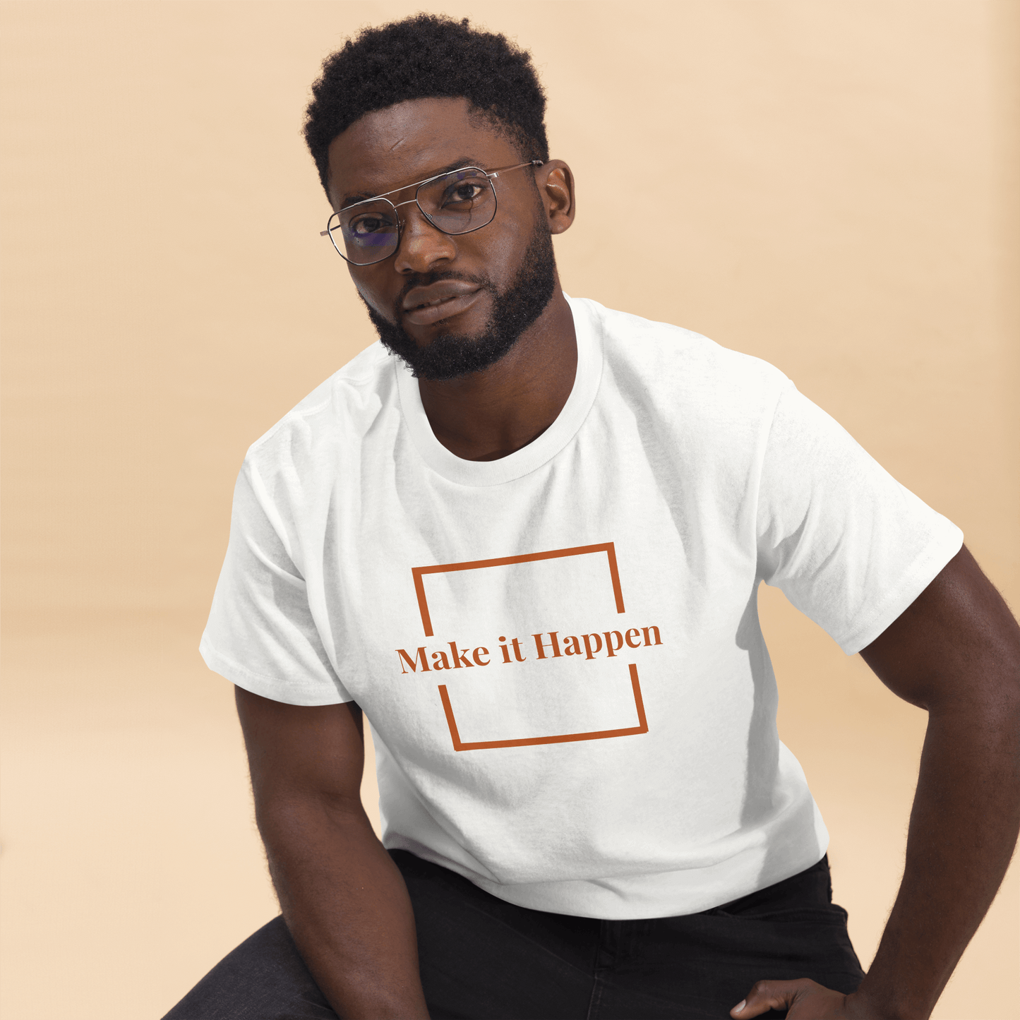 Freestyle Unisex T-Shirt β Upload Photos, Add Text & Emojis Your Way worn by a man featuring "Make it Happen" design.