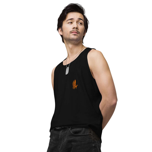 Model wearing Sunset Dreams premium surf tank top featuring surfer and dog logo in black.